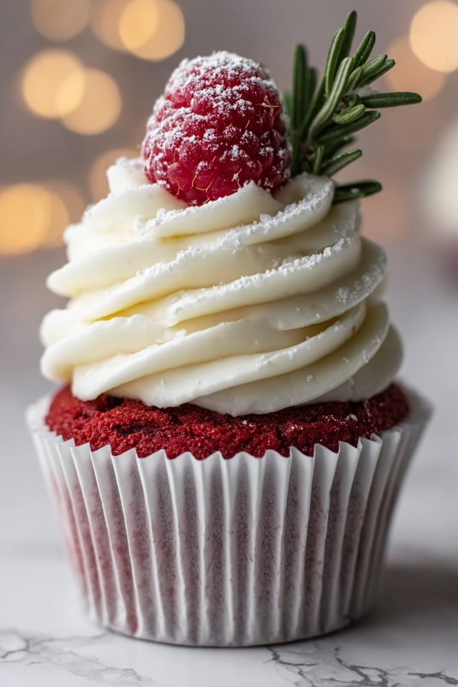 A single red cupcake sits in a white paper liner on a white marbled surface. It has two main layers: the bottom layer is a deep red cake with a soft texture, and the top layer is thick, creamy white frosting swirled in a spiral pattern. On the very top of the frosting, there is a bright red raspberry dusted lightly with powdered sugar. A small sprig of green rosemary is placed behind the raspberry, adding a touch of color contrast. The background is softly blurred with warm, light bokeh. Photo taken with an iphone --ar 2:3 --v 7 - Red Velvet Cupcakes with Vanilla Frosting, easy red velvet cupcake recipe, moist red velvet cupcakes, vanilla frosting for cupcakes, festive cupcake ideas