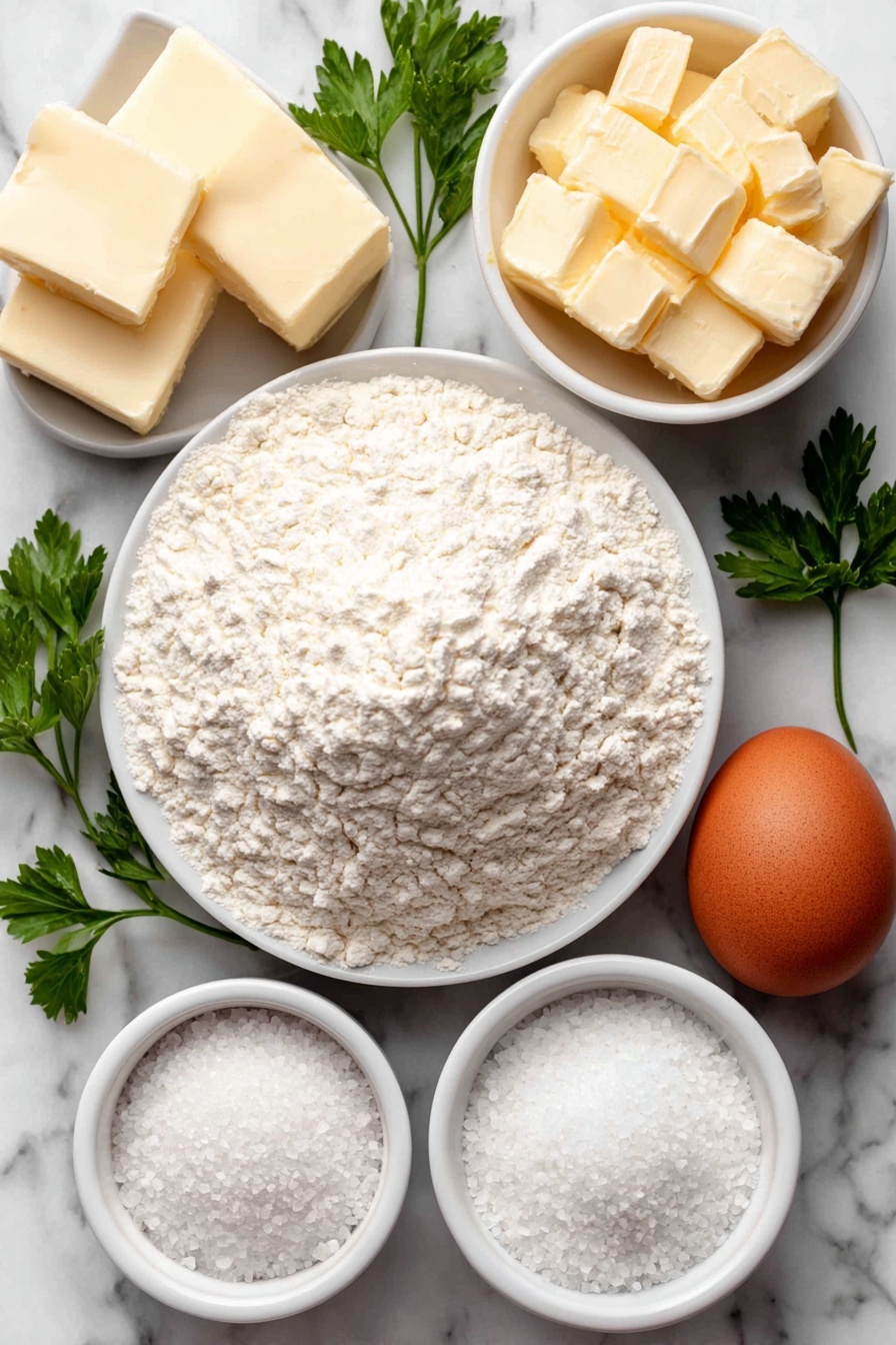 Flat lay of a small mound of all-purpose flour, two bright green sprigs of fresh parsley, a small white ceramic bowl filled with granulated sugar, a small white ceramic bowl holding fine sea salt crystals, a small white ceramic bowl containing instant yeast powder, a small white ceramic bowl with warm milk, a whole large brown egg with a smooth clean shell, a small white ceramic bowl with softened unsalted butter, a small white ceramic bowl with minced fresh garlic, and a small white ceramic bowl filled with flaky sea salt crystals, all arranged symmetrically on a clean white marble surface, soft natural light, photo taken with an iPhone, professional food photography style, fresh ingredients, white ceramic bowls, no bottles, no duplicates, no utensils, no packaging --ar 2:3 --v 7 --p m7354615311229779997 - Garlic Bread Rolls for Thanksgiving, Thanksgiving garlic bread rolls, holiday garlic bread rolls, easy garlic bread rolls, buttery garlic dinner rolls
