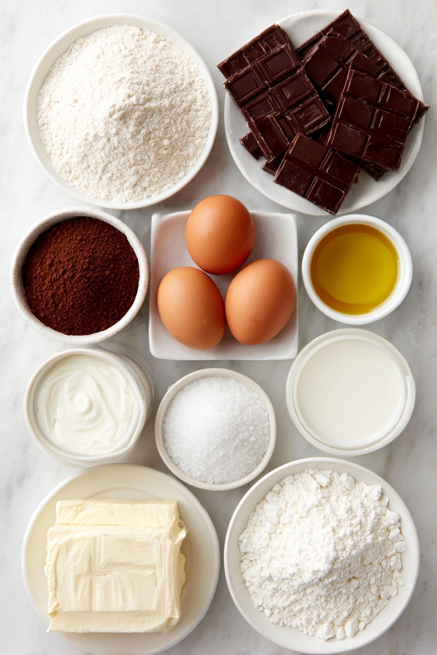 Flat lay of a small mound of all-purpose flour, a heap of granulated sugar, a small white bowl of unsweetened cocoa powder, a teaspoon of baking powder in a small white bowl, a half teaspoon of baking soda in a small white bowl, a small pinch of salt on white ceramic plate, two large brown eggs with clean shells, a small white bowl of golden vegetable oil, a small white bowl of whole milk, a small white bowl of clear vanilla extract, a small white bowl of hot water, a chunk of pale yellow unsalted butter, a heap of powdered sugar on a white ceramic plate, a small white bowl of heavy cream, a small white bowl of green food coloring, small balls of bright red fondant, and small white fondant flowers all arranged symmetrically in a balanced layout on a clean white marble surface, soft natural light, photo taken with an iPhone, professional food photography style, fresh ingredients, white ceramic bowls, no bottles, no duplicates, no utensils, no packaging --ar 2:3 --v 7 --p m7354615311229779997 - Chocolate Wreath Cupcakes with Buttercream Frosting, festive cupcake decorating ideas, holiday chocolate cupcake recipe, easy Christmas cupcake decorations, party-worthy chocolate cupcakes