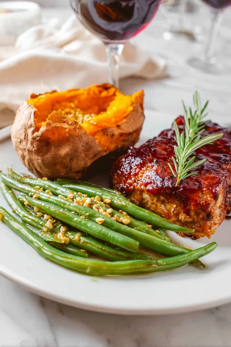 The image shows a white plate with three food items arranged in separate sections. On the right side, there is a thick piece of grilled meat covered with a dark reddish glaze and garnished with a small sprig of green rosemary on top. In the center-left, there is a baked sweet potato, opened to show its bright orange, soft inside. In front of the sweet potato, there is a pile of green beans coated with small mustard seeds and a light sauce, giving them a slightly glossy look. The plate is set on a white marbled surface with blurred background elements including a glass of red wine and white fabric. photo taken with an iphone --ar 2:3 --v 7 - Green Beans with Mustard Butter Sauce, green beans with mustard butter, easy green bean side dish, flavorful vegetable side, healthy green bean recipe