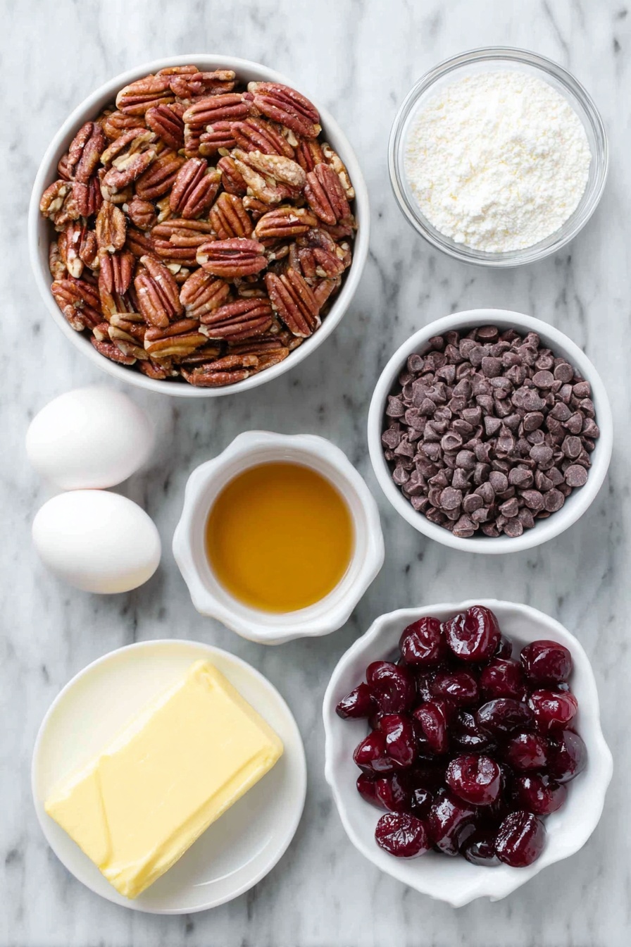 Flat lay of finely chopped pecans in a small white ceramic bowl, a small white bowl filled with amber bourbon liquid, finely chopped bright red maraschino cherries in a small white bowl, a stick of softened pale yellow butter on a white ceramic dish, a mound of white powdered sugar in a small white bowl, glossy semi-sweet chocolate chips in a small white bowl, two smooth white eggs, a small white bowl with solid white shortening or coconut oil, and bright red glossy candied cherry halves arranged neatly on a white ceramic plate, all placed on a clean white marble surface, soft natural light, photo taken with an iPhone, professional food photography style, fresh ingredients, white ceramic bowls, no bottles, no duplicates, no utensils, no packaging --ar 2:3 --v 7 --p m7354615311229779997 - Cherry Bourbon Balls, Bourbon Balls with Cherries, No-Bake Cherry Bourbon candies, Holiday Cherry Bourbon treats, Easy Cherry Bourbon Desserts