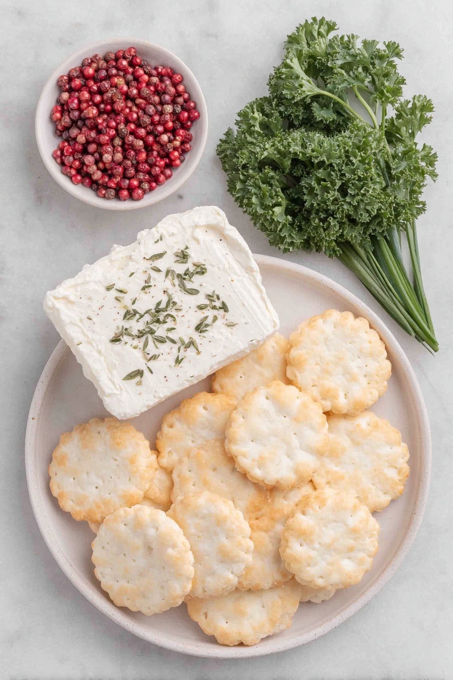 Flat lay of twelve round rice crackers arranged neatly, a small pile of fresh bright green curly parsley leaves, three long vibrant green chive stalks, a small square of creamy herbed goat cheese on a simple white ceramic plate, a cluster of a dozen vivid pink peppercorns in a small white ceramic bowl placed symmetrically, all placed on a clean white marble surface, soft natural light, photo taken with an iPhone, professional food photography style, fresh ingredients, white ceramic bowls, no bottles, no duplicates, no utensils, no packaging --ar 2:3 --v 7 --p m7354615311229779997 - Festive Goat Cheese Christmas Appetizers, holiday appetizer ideas, easy holiday party recipes, Christmas party hors d'oeuvres, festive cheese canapés