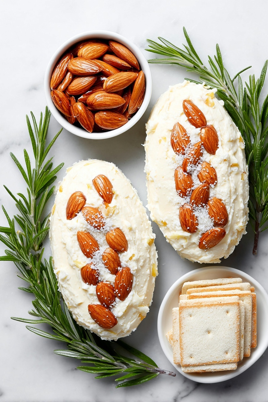 Flat lay of two oval-shaped mounds of creamy Neufchatel cheese mixed with shredded Gruyere cheese, one covered with whole toasted almonds arranged in neat rows, the other adorned with toasted sliced almonds similarly placed, six fresh rosemary sprigs with vibrant green needles artfully tucked around the cheese balls, a small white ceramic bowl filled with dry onion soup mix powder, and a simple white ceramic plate holding a neat stack of golden Wheat Thins crackers, all placed on a clean white marble surface, soft natural light, photo taken with an iPhone, professional food photography style, fresh ingredients, white ceramic bowls, no bottles, no duplicates, no utensils, no packaging --ar 2:3 --v 7 --p m7354615311229779997 - Pinecone Cheese Ball with Almonds, holiday cheese ball ideas, festive appetizer recipes, easy party cheese appetizer, pinecone cheese ball presentation