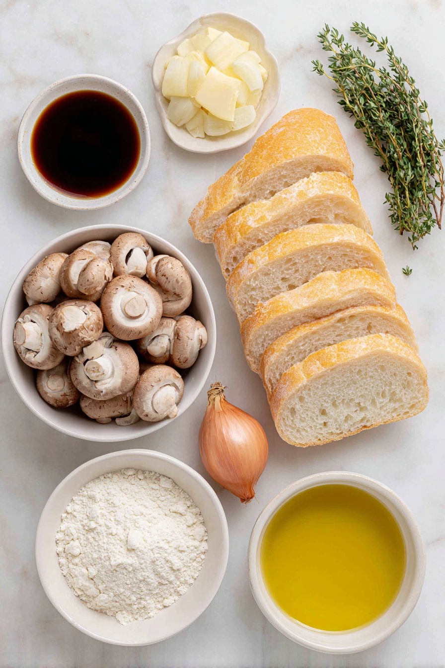 Flat lay of a small bunch of fresh thyme leaves, a cluster of whole cremini mushrooms, a single uncracked shallot with its natural skin, a fresh crusty baguette sliced into about fourteen thin pieces, a small white ceramic bowl filled with golden olive oil, another small white bowl containing dark amber sherry vinegar, a tiny white bowl with fine white flour, and a small bowl holding clear vegetable stock, all arranged with perfect symmetry on a clean white marble surface, soft natural light, photo taken with an iPhone, professional food photography style, fresh ingredients, white ceramic bowls, no bottles, no duplicates, no utensils, no packaging --ar 2:3 --v 7 --p m7354615311229779997 - Mushroom Thyme Crostini, mushroom crostini appetizer, easy mushroom crostini, savory mushroom crostini, mushroom and thyme bruschetta