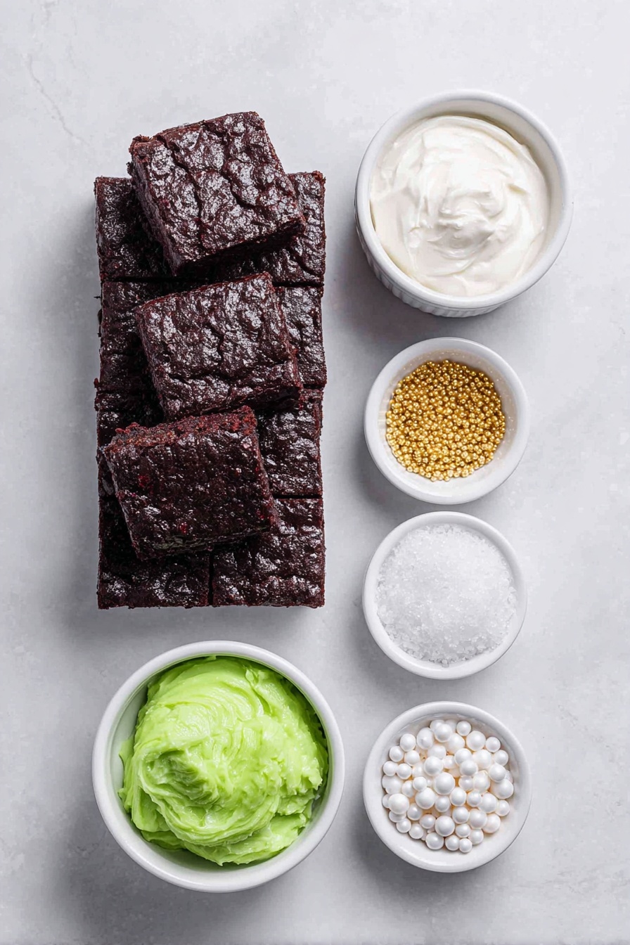 Flat lay of a stack of rich, square homemade brownies with a dark, fudgy texture, a small white ceramic bowl of smooth white frosting, another small white bowl with bright red-tinted frosting, a third small white bowl filled with vibrant green-tinted frosting, a handful of shiny edible gold star sprinkles scattered neatly next to a small pile of glossy white pearl sprinkles, all arranged with perfect symmetry and balance on a clean white marble surface, soft natural light, photo taken with an iPhone, professional food photography style, fresh ingredients, white ceramic bowls, no bottles, no duplicates, no utensils, no packaging --ar 2:3 --v 7 --p m7354615311229779997 - Frosted Christmas Brownies, Christmas brownies with frosting, holiday festive brownies, Christmas dessert recipes, easy holiday brownie ideas