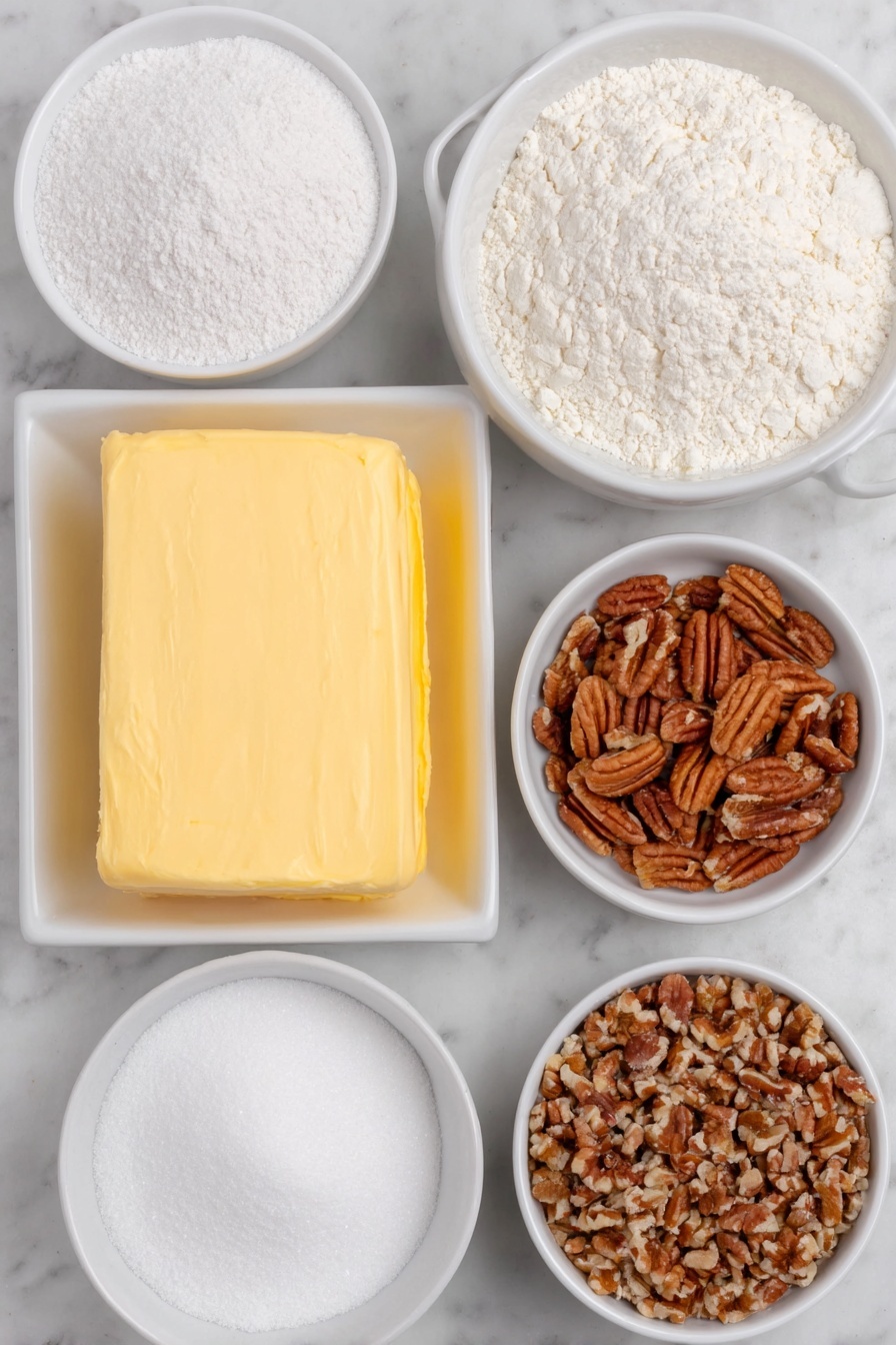 Flat lay of unsalted butter block softened and slightly creamy, a small white bowl with fine confectioners’ sugar, a small white bowl with pure vanilla extract, a small white bowl with all-purpose flour, a small white bowl with fine salt, a small white bowl with chopped and toasted pecans, all ingredients fresh and natural, arranged in perfect symmetry on simple white ceramic bowls placed on a clean white marble surface, soft natural light, photo taken with an iPhone, professional food photography style, fresh ingredients, white ceramic bowls, no bottles, no duplicates, no utensils, no packaging --ar 2:3 --v 7 --p m7354615311229779997 - Snowball Cookies, Christmas cookie recipes, holiday baking ideas, buttery snowball cookies, festive dessert recipes