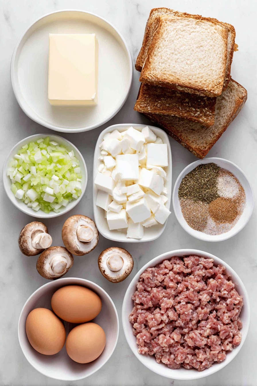 Flat lay of one stick of smooth golden butter, a small mound of pale diced celery, a small pile of finely chopped white onion, a cluster of fresh whole cremini mushrooms, a few rustic cubes of crusty French rolls, two whole uncracked brown eggs, a small white ceramic bowl with creamy milk, a small white ceramic bowl filled with light golden chicken broth, a small heap of raw, coarsely ground pork breakfast sausage, and a neat pile of mixed ground poultry seasoning, garlic powder, salt, and pepper powders, all arranged symmetrically and balanced, placed on a clean white marble surface, soft natural light, photo taken with an iPhone, professional food photography style, fresh ingredients, white ceramic bowls, no bottles, no duplicates, no utensils, no packaging --ar 2:3 --v 7 --p m7354615311229779997 - Best Sausage Stuffing, sausage stuffing recipe, savory stuffing ideas, holiday stuffing recipe, hearty Thanksgiving stuffing