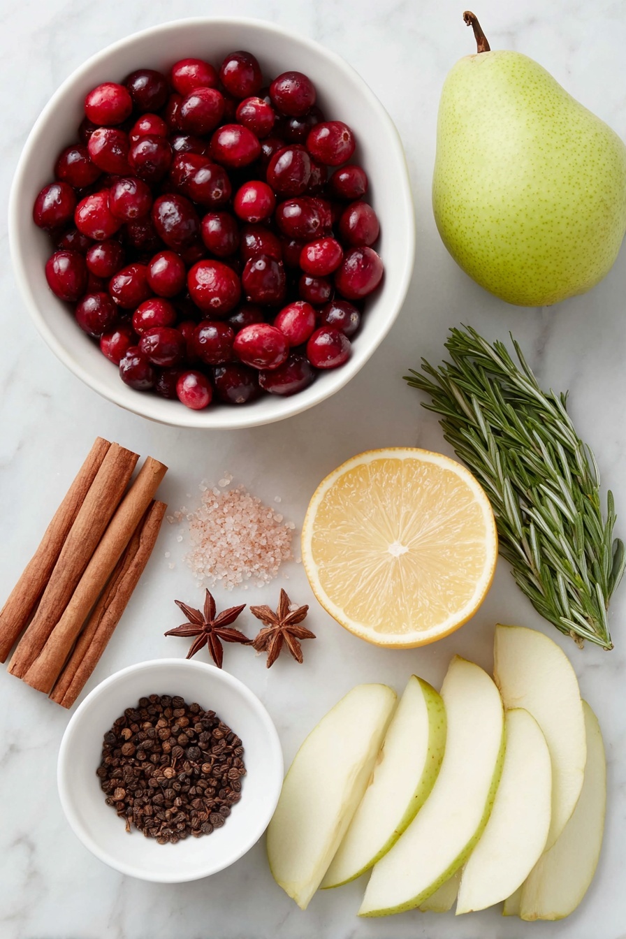 Flat lay of fresh cranberries in a small white ceramic bowl, three cinnamon sticks arranged neatly, two sprigs of vibrant green rosemary, a few whole cloves scattered on the surface, a quartered bright orange with visible juicy segments, a few slices of red apple, a few slices of green pear, thin lemon slices with visible texture, a small cluster of whole allspice berries, two whole star anise pods, and a couple of dark whole vanilla beans, all placed with perfect symmetry on a clean white marble surface, soft natural light, photo taken with an iPhone, professional food photography style, fresh ingredients, white ceramic bowls, no bottles, no duplicates, no utensils, no packaging --ar 2:3 --v 7 --p m7354615311229779997 - Christmas Stovetop Potpourri, holiday home fragrance, festive simmer pot recipe, Christmas scent ideas, holiday aroma enhancer