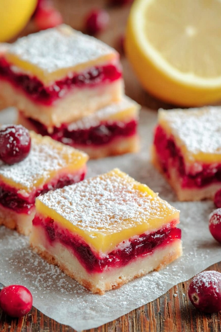 The image shows square lemon cranberry bars arranged on parchment paper on a wooden surface, with some whole cranberries and a halved lemon in the background. Each bar has three layers: a light beige base layer that looks firm and crumbly, a middle bright red cranberry layer that appears juicy and slightly thick, and a top pale yellow lemon layer that looks smooth and glossy. The top of each bar is dusted with a fine layer of white powdered sugar, giving a soft, powdery texture. The bars are cut evenly into squares, showing clear, distinct layers. Photo taken with an iphone --ar 2:3 --v 7 - Cranberry Lemon Bars, tart cranberry lemon dessert, easy citrus bars, holiday lemon bars, fruit-filled bar cookies