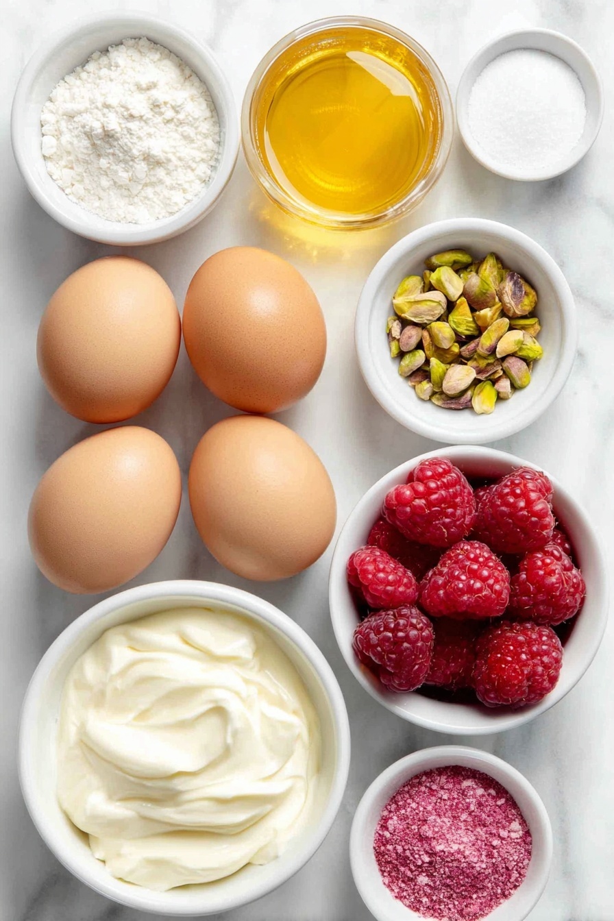 Flat lay of six whole free-range eggs with clean shells, a small white ceramic bowl of caster sugar, a small white bowl containing white vinegar, a small white bowl of cornflour, a small mound of Sunbeam Australian pistachios, a white ceramic bowl filled with thickened cream, a small white bowl with pure icing sugar, a small white bowl of rosewater, fresh raspberries, fresh strawberries, silver cachous, and a small pile of freeze-dried raspberry powder placed on a clean white marble surface, soft natural light, photo taken with an iPhone, professional food photography style, fresh ingredients, white ceramic bowls, no bottles, no duplicates, no utensils, no packaging --ar 2:3 --v 7 --p m7354615311229779997 - Mini Pavlova Christmas Trees, Pavlova Christmas dessert, Festive holiday meringue, Christmas tree desserts, Holiday pavlova treats