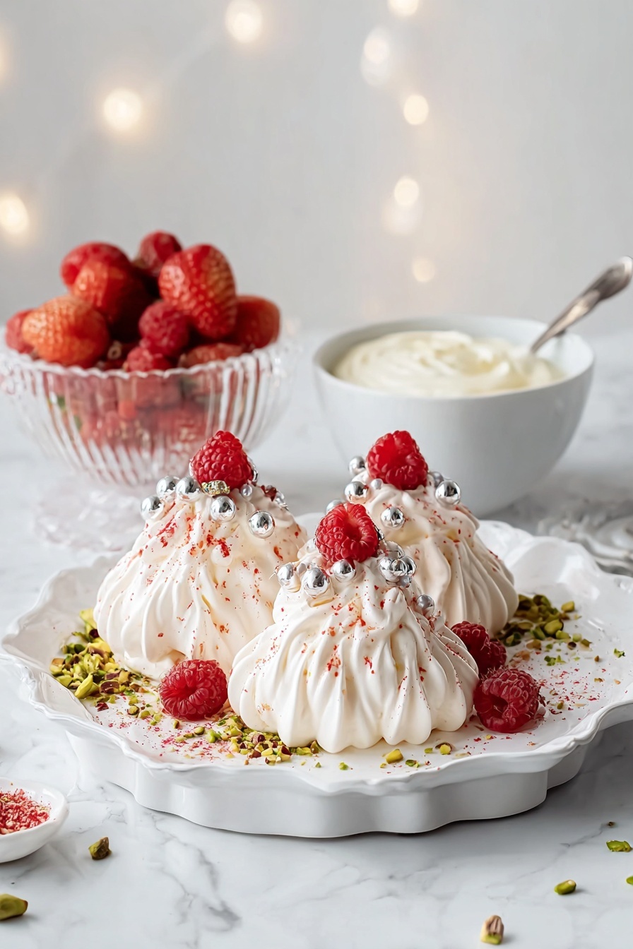 The image shows three small, white meringue desserts shaped like mini Christmas trees on a white, scalloped rectangular plate. Each meringue has multiple swirled layers forming the tree shape, decorated with small shiny silver balls and sprinkled with red powder. A fresh red raspberry sits on top of each meringue. Around the meringues, there are crushed green pistachios and extra raspberries on the plate. In the background, a clear bowl filled with mixed red berries and a white bowl with cream are placed on a white marbled surface, along with two green glittery Christmas ornaments. Photo taken with an iphone --ar 2:3 --v 7 - Mini Pavlova Christmas Trees, Pavlova Christmas dessert, Festive holiday meringue, Christmas tree desserts, Holiday pavlova treats