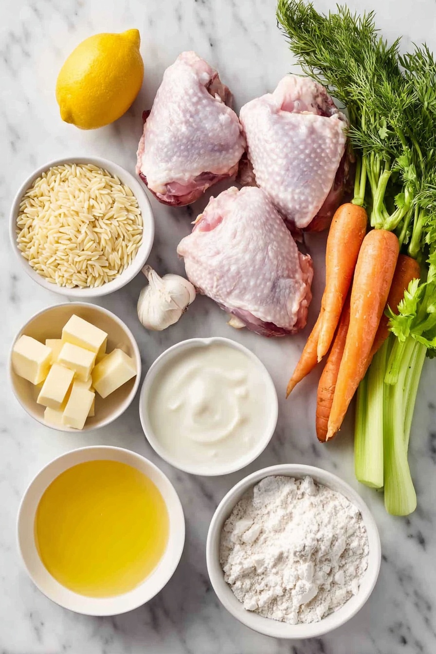 Flat lay of a simple white ceramic bowl of uncooked dry orzo pasta shaped like small rice grains, two large raw chicken thighs with natural skin texture, a whole fresh lemon with bright yellow peel, a small white bowl filled with heavy cream, a small white bowl containing freshly squeezed lemon juice with visible lemon zest, a bunch of fresh green dill sprigs, a few fresh parsley sprigs, a large yellow onion whole and unpeeled, four whole large carrots with bright orange skin and green tops trimmed, two fresh celery stalks with crisp leaves, eight whole garlic cloves with papery skin, a small pile of all-purpose flour, and a few cubes of unsalted butter arranged neatly, all placed on a clean white marble surface, soft natural light, photo taken with an iPhone, professional food photography style, fresh ingredients, white ceramic bowls, no bottles, no duplicates, no utensils, no packaging --ar 2:3 --v 7 --p m7354615311229779997 - Lemon Chicken Orzo Soup, Lemon Chicken Soup, Orzo Soup Recipe, Cozy Lemon Chicken Soup, Healthy Lemon Chicken Soup