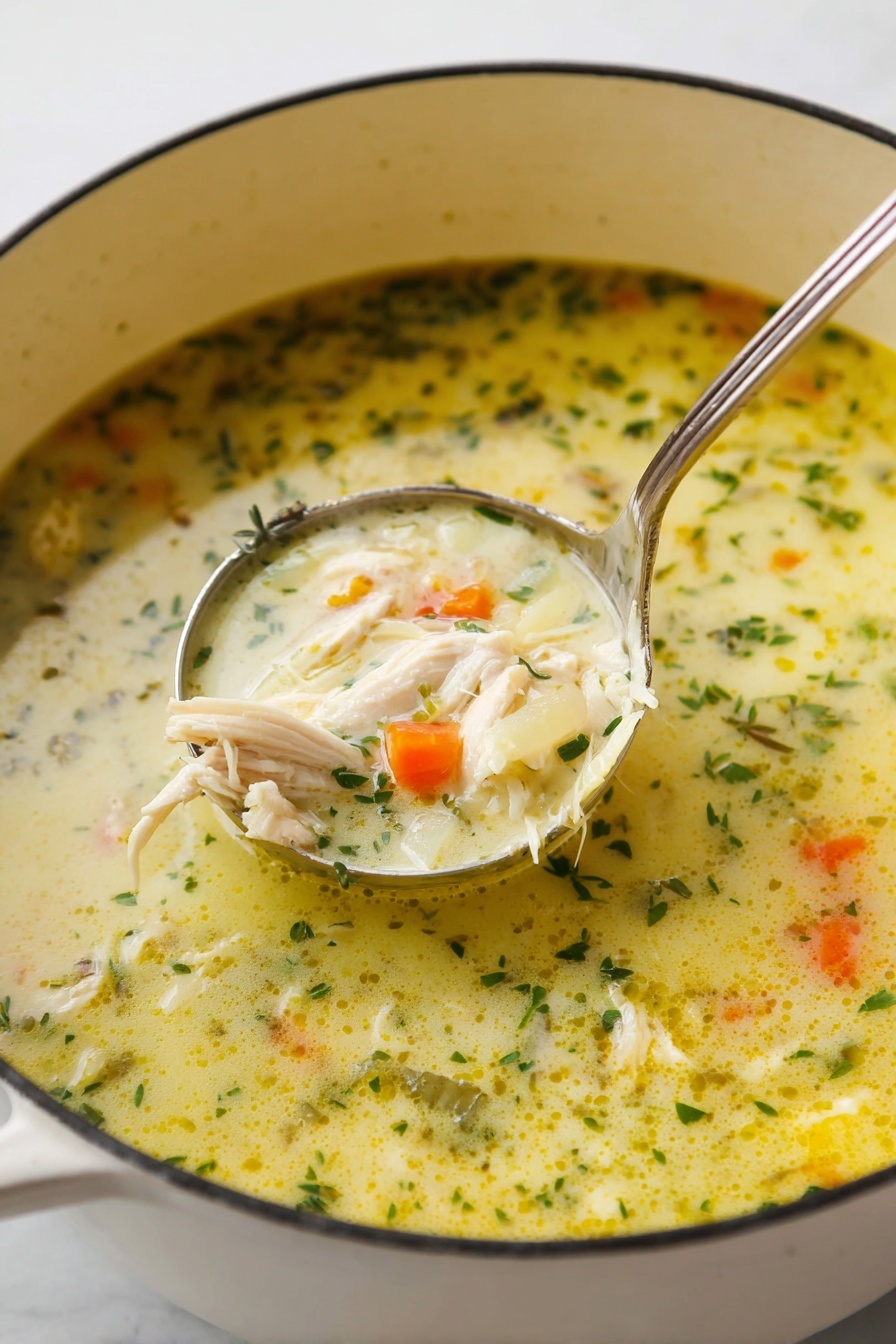 A close-up view of creamy chicken soup served in a large white pot with a dark rim, filled with a yellowish broth with green herb pieces swirled throughout. A silver ladle is lifting a portion of the soup, showing tender white chicken pieces, orange carrot chunks, and small green herb leaves floating in the thick, smooth broth. The pot sits on a white marbled surface. Photo taken with an iphone --ar 2:3 --v 7 - Lemon Chicken Orzo Soup, Lemon Chicken Soup, Orzo Soup Recipe, Cozy Lemon Chicken Soup, Healthy Lemon Chicken Soup
