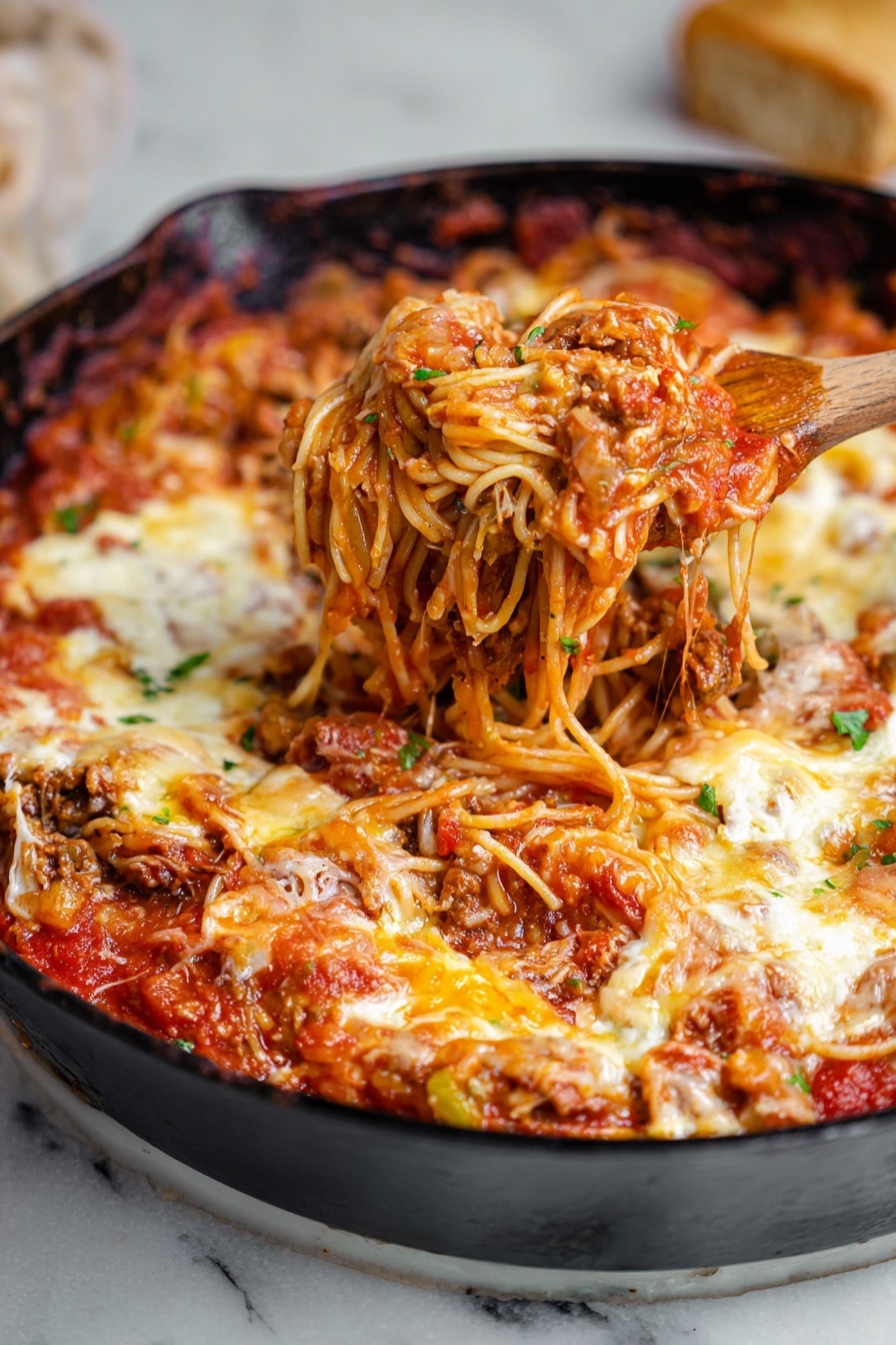 A black skillet filled with three clear layers of food sits on a white marbled surface. The bottom layer is melted golden and white cheese mixed with some brown cooked meat and bits of green herbs. The middle layer is a rich red tomato sauce with small chunks of vegetables and meat. The top layer is light brown spaghetti noodles covered with the sauce and cheese. A wooden spoon is lifting a portion of the noodles and melted cheese. The edges of the skillet show some melted cheese that looks slightly browned. Photo taken with an iphone --ar 2:3 --v 7 - TikTok Million Dollar Spaghetti Bake, cheesy spaghetti casserole, easy Italian pasta bake, creamy meat spaghetti bake, family-friendly dinner recipes