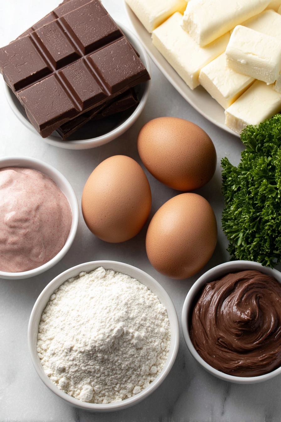 Flat lay of smooth brown cocoa candy melts in a small white ceramic bowl, two whole brown eggs with clean shells, a few sprigs of fresh green parsley, a small white bowl of vibrant red icing, a small white bowl of rich brown icing, a small white bowl of deep black icing, a neat pile of white parchment paper sheets, all arranged symmetrically and naturally on a clean white marble surface, soft natural light, photo taken with an iPhone, professional food photography style, fresh ingredients, white ceramic bowls, no bottles, no duplicates, no utensils, no packaging --ar 2:3 --v 7 --p m7354615311229779997 - Reindeer Cupcakes with Candy Melt Antlers, festive cupcake decorating ideas, holiday treats for kids, Christmas cupcake recipes, adorable holiday desserts