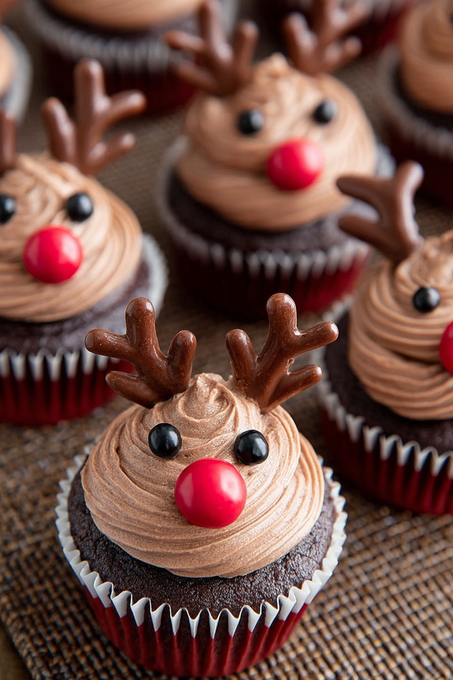 The image shows chocolate cupcakes decorated to look like reindeer. Each cupcake has a base layer of dark brown chocolate cake inside white liners with red bottoms. On top of the cake is a thick, smooth swirl of light brown chocolate frosting covering the whole top. For decoration, two small black candy eyes are placed near the center, with a shiny red candy nose just below the eyes. Two small, brown antler shapes are positioned at the back edges of the frosting on each cupcake. The cupcakes are arranged on a brown woven mat. photo taken with an iphone --ar 2:3 --v 7 - Reindeer Cupcakes with Candy Melt Antlers, festive cupcake decorating ideas, holiday treats for kids, Christmas cupcake recipes, adorable holiday desserts