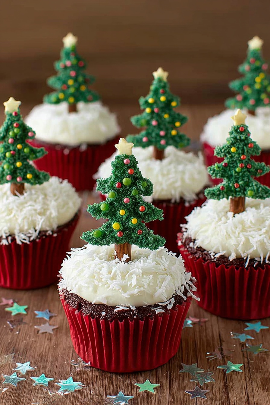 This image shows a dark brown cupcake in a red paper cup, topped with a thick layer of white frosting that looks fluffy and creamy. On top of the frosting, there is a green Christmas tree-shaped cookie decorated with colorful small round sprinkles. The cupcake is on a wooden surface, with other cupcakes blurred in the background, each with similar white frosting but no tree cookie. The focus is on the front cupcake with clear detail on the frosting texture and cookie decoration. photo taken with an iphone --ar 2:3 --v 7 - Chocolate Christmas Tree Cupcakes, festive holiday chocolate cupcakes, Christmas tree decorated cupcakes, easy holiday baking recipes, Christmas cupcakes for kids