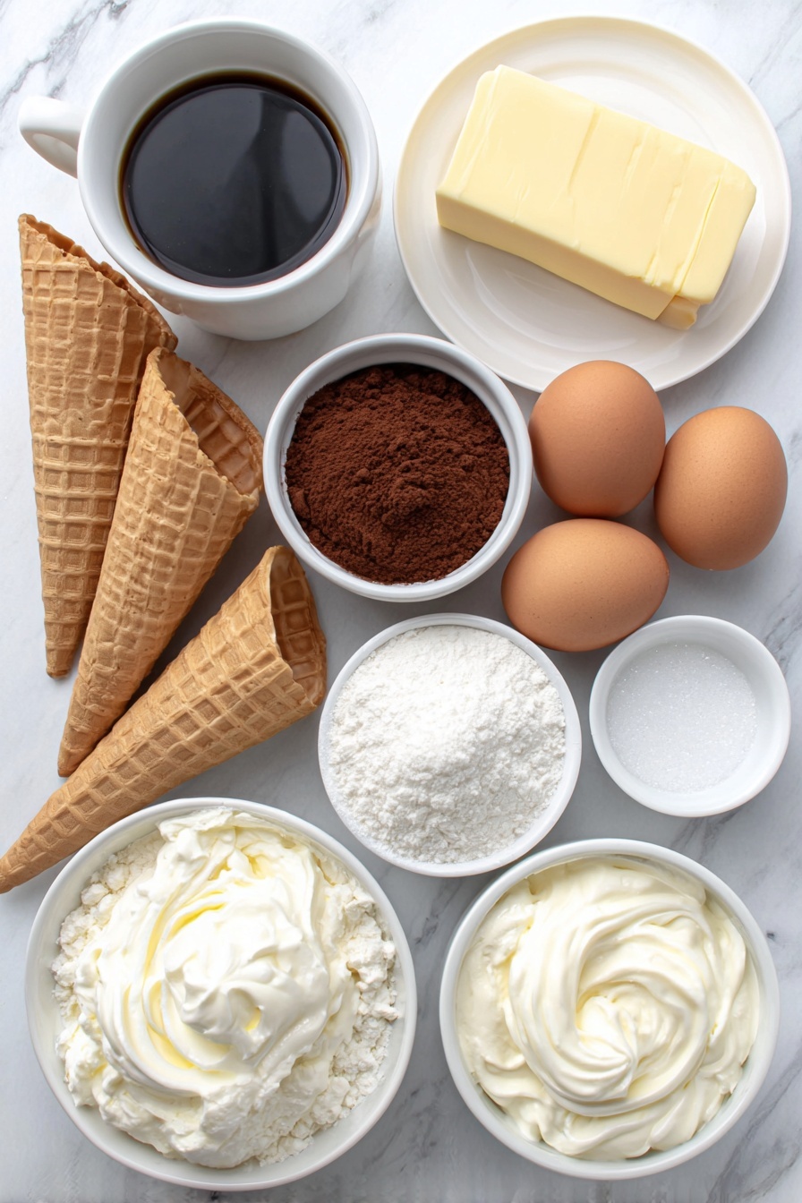 Flat lay of twelve natural sugar cones, a mound of fine white confectioners' sugar in a white ceramic bowl, a slab of unsalted butter at room temperature on a simple white plate, a small white bowl of creamy milk, two large whole brown eggs with clean shells, a white ceramic bowl filled with all-purpose flour, a small white bowl containing rich unsweetened cocoa powder, a white ceramic dish holding a teaspoon of baking soda, a pinch of salt on a tiny white bowl, a white bowl of buttermilk, a white bowl with sour cream, a pile of granulated sugar on a white plate, a small white bowl with strong brewed coffee, and a white ceramic bowl with melted butter, all arranged symmetrically and balanced, placed on a clean white marble surface, soft natural light, photo taken with an iPhone, professional food photography style, fresh ingredients, white ceramic bowls, no bottles, no duplicates, no utensils, no packaging --ar 2:3 --v 7 --p m7354615311229779997 - Festive Christmas Tree Cupcakes, Christmas cupcakes, holiday dessert ideas, Christmas holiday treats, Christmas party desserts