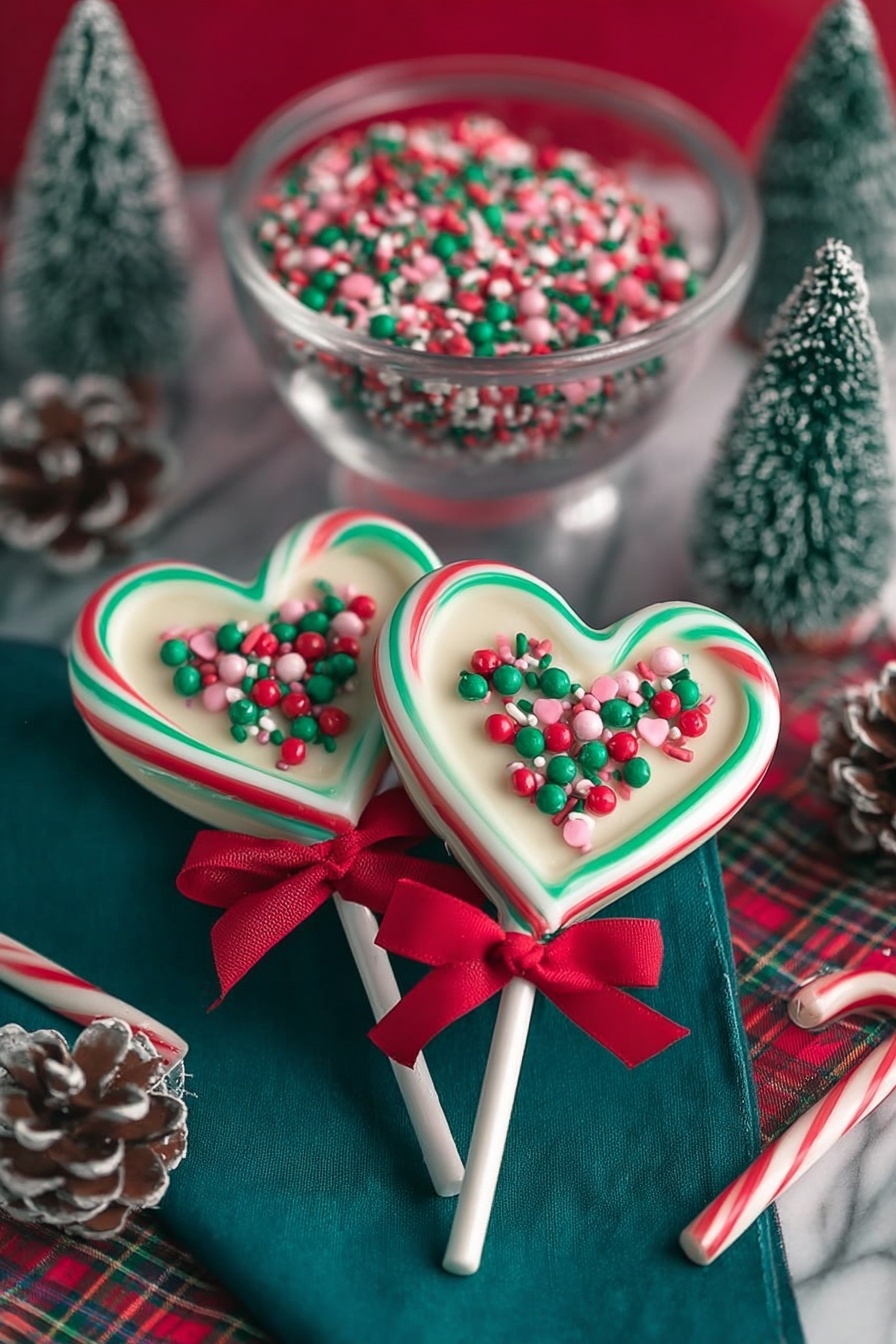 The image shows three heart-shaped candy lollipops placed on a dark green cloth over a white marbled surface. Each lollipop has two candy cane-like stripes twisted into a heart shape: one with red and white stripes and another with green and white stripes. In the center of each heart, there is a smooth white heart-shaped layer topped with a small cluster of tiny round sprinkles in red, green, and white. Each lollipop stick is tied with a small red ribbon bow. Behind the lollipops, there is a clear glass dessert cup filled with the same red, green, and white round sprinkles. The background has some blurred Christmas pine cones, small decorated pine trees, and red ornaments on the white marbled surface. photo taken with an iphone --ar 2:3 --v 7 - Christmas Candy Cane Heart Lollipops, festive holiday treats, peppermint candy lollipops, DIY Christmas candies, easy holiday dessert