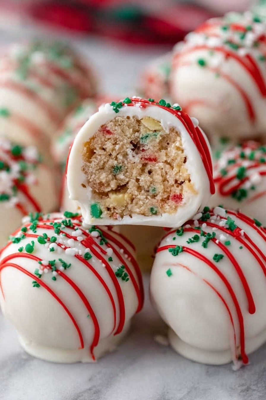 A close-up of a woman's hand holding a round bite-sized dessert with one bite taken out. The dessert has an outer white smooth layer with small red and green sprinkles on top. Inside, there is a light brown, crumbly cake-like texture with tiny colorful bits mixed in. The woman's fingernails are painted red, and the background is softly blurred with warm lights and a hint of red and green colors, all on a white marbled surface. photo taken with an iphone --ar 2:3 --v 7 - Christmas Tree Cake Truffles without Baking, Christmas Tree Cake Truffles with Little Debbie, Holiday dessert ideas, festive chocolate truffles, easy Christmas treats