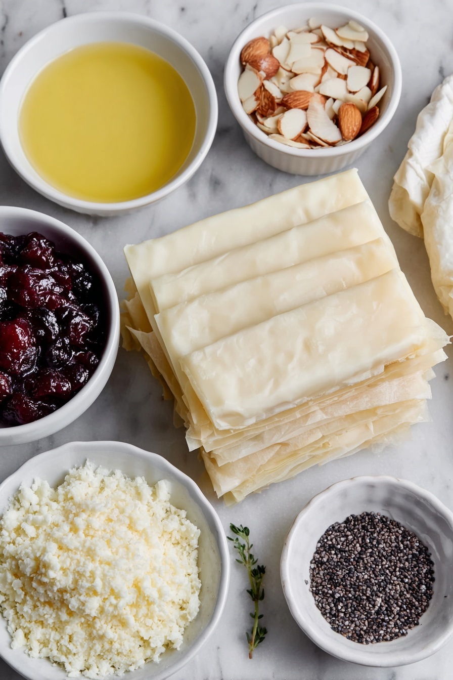 Flat lay of six sheets of thin, delicate frozen filo pastry thawed and stacked neatly, a small white bowl of golden melted butter, several long slices of creamy brie cheese arranged in a simple row, a small white bowl filled with vibrant red cranberry sauce, a small white bowl holding pale beige flaked almonds, a small white bowl with tiny black sesame seeds scattered inside — all placed on a clean white marble surface, soft natural light, photo taken with an iPhone, professional food photography style, fresh ingredients, white ceramic bowls, no bottles, no duplicates, no utensils, no packaging --ar 2:3 --v 7 --p m7354615311229779997 - Cranberry Brie Filo Crackers, holiday appetizer ideas, easy festive appetizers, cranberry brie bites, crowd-pleasing holiday snacks