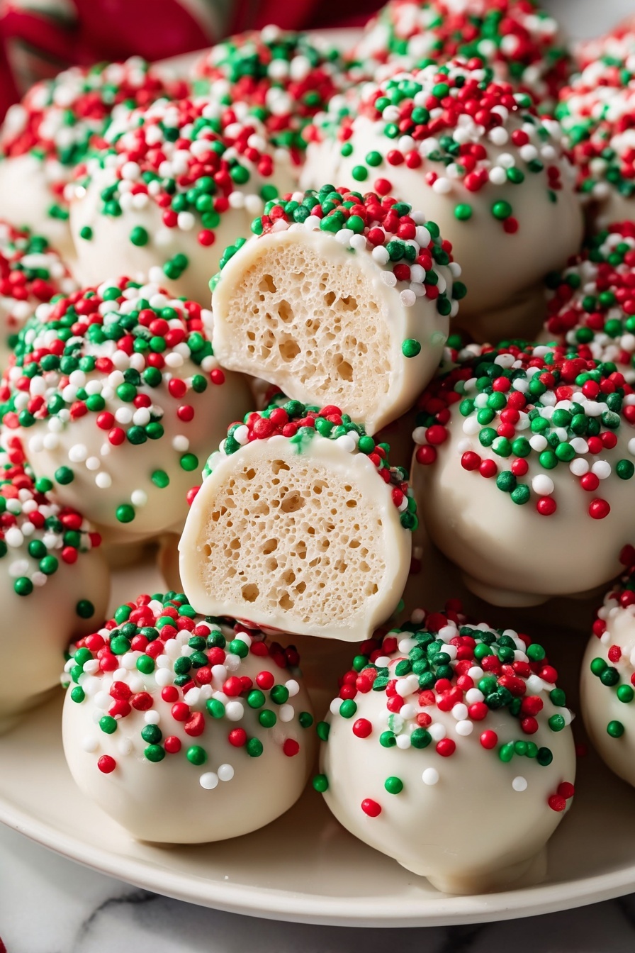 The image shows many small round balls coated in smooth white candy. Each ball is decorated on top with a thick layer of small red, green, and white round sprinkles. One ball is open in the center, showing a light, airy, honeycomb-like inside with a beige color. The balls sit closely together on a white plate, set on a white marbled surface. The colors are bright and festive, with the red, green, and white sprinkles adding a Christmas feel. photo taken with an iphone --ar 2:3 --v 7 - Festive White Chocolate Rice Krispies Balls, holiday dessert, white chocolate treats, easy holiday snacks, Christmas party sweets