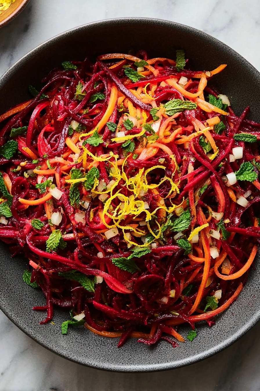 A dark gray bowl filled with a colorful salad made of thin, long strands of deep red beets layered with thin orange carrot strips, scattered with fresh green mint leaves and parsley, small diced white bits, and thin yellow lemon zest curls spread evenly on top, all sitting on a white marbled surface, photo taken with an iphone --ar 2:3 --v 7 - Grated Beet Salad with Fresh Herbs, beet salad recipe, healthy beet salad, easy beet salad, vibrant vegetable salads