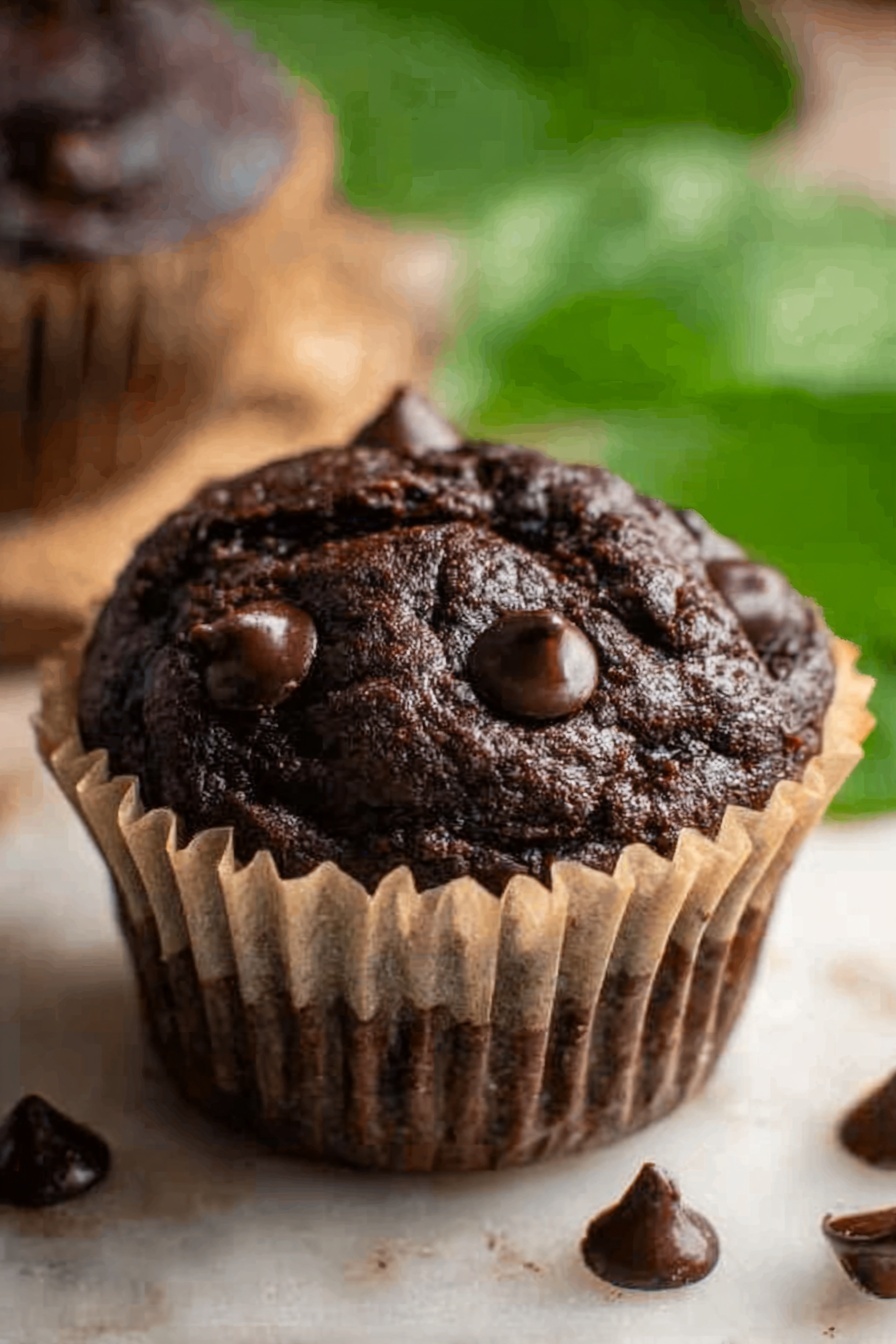 A close-up of a dark chocolate muffin sitting on a wrinkled beige paper liner, with several shiny dark chocolate chips scattered on top and around the muffin. The muffin has a rough, textured top with slight cracks and a rich dark brown color. The background has a soft focus with green leaves blurred behind. The surface under the muffin is white marbled texture. photo taken with an iphone --ar 2:3 --v 7 - Healthy Chocolate Spinach Muffins, healthy muffins with spinach, easy chocolate spinach muffins, nutritious breakfast muffins, fudgy green muffins