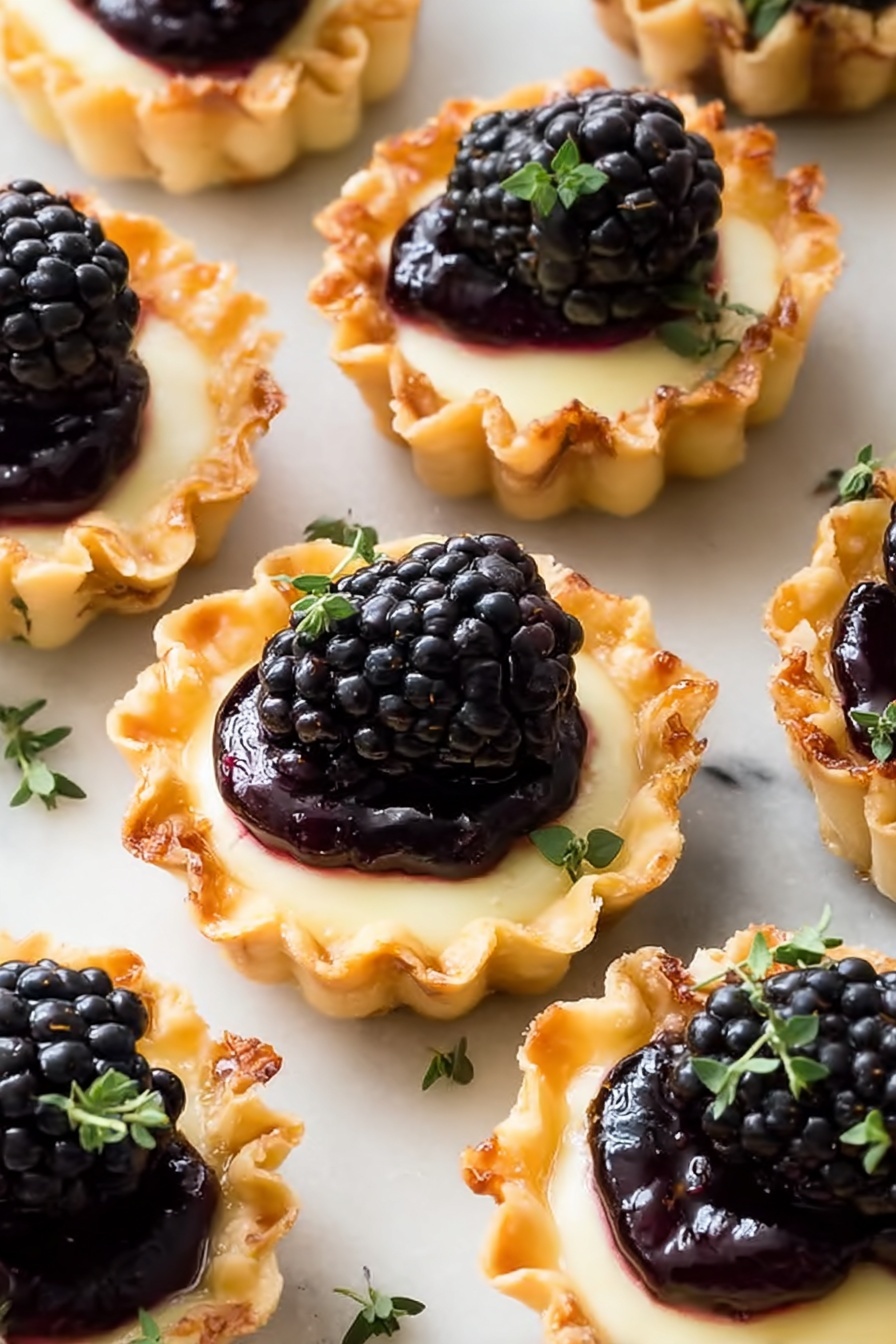 The image shows many small tartlets arranged closely on a white marbled surface. Each tartlet has a golden, crispy shell with ruffled edges. Inside, there is a smooth, creamy pale yellow layer topped with a glossy dark purple blackberry compote. A shiny, plump blackberry is placed on top of the compote in each tartlet. Small green herb leaves are sprinkled around the tartlets and on top for decoration. The light highlights the textures, making the blackberries look juicy and the tart shells crisp. photo taken with an iphone --ar 2:3 --v 7 - Brie and Blackberry Phyllo Cups, Brie and Blackberry Appetizer, Easy Brie and Blackberry Bites, Elegant Phyllo Cups with Brie, Blackberry appetizer ideas