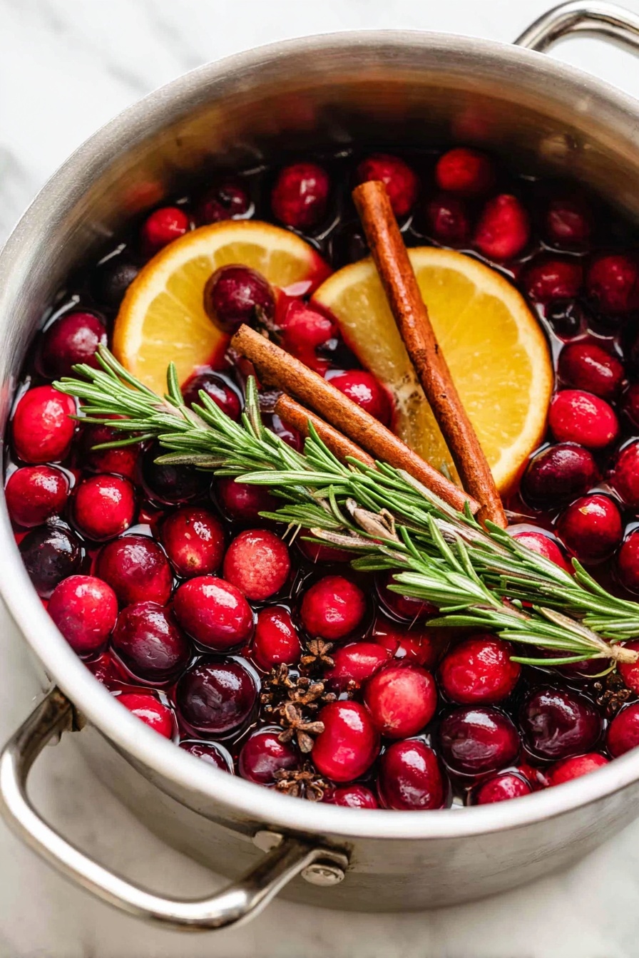 A metal pot filled with a mix of bright red and dark red cranberries floating on top, along with two whole cinnamon sticks laying diagonally across the surface. There are two large, yellow-orange lemon slices partially submerged, adding a bright color contrast. Green sprigs of rosemary are placed among the cranberries, and small brown cloves are scattered throughout, creating a warm and cozy look. The pot sits on a white marbled surface. photo taken with an iphone --ar 2:3 --v 7 - Christmas Stovetop Potpourri, holiday home fragrance, festive simmer pot recipe, Christmas scent ideas, holiday aroma enhancer