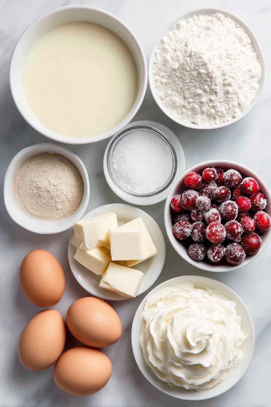 Flat lay of a small white ceramic bowl filled with creamy pale yellow eggnog, a small white bowl of thick heavy whipping cream, a few tablespoons of granulated sugar neatly heaped in a small white bowl, a small white bowl containing fine white cornstarch powder, a pinch of salt in a tiny white dish, a small white bowl with ground nutmeg, four large whole eggs with smooth brown shells arranged perfectly, a few small pieces of unsalted butter in a small white bowl, a small white bowl filled with clear rum extract, a dollop of fresh whipped cream on a white ceramic plate, a small pile of grated whole nutmeg on a small white bowl, and a cluster of fresh sugared cranberries arranged in a small white bowl—all ingredients fresh and natural, perfectly balanced and symmetrical, placed on a clean white marble surface, soft natural light, photo taken with an iPhone, professional food photography style, fresh ingredients, white ceramic bowls, no bottles, no duplicates, no utensils, no packaging --ar 2:3 --v 7 --p m7354615311229779997 - Eggnog Pudding, Eggnog Pudding with Nutmeg and Cranberries, Holiday Eggnog Dessert, Festive Cranberry Pudding, Creamy Eggnog Holiday Treats