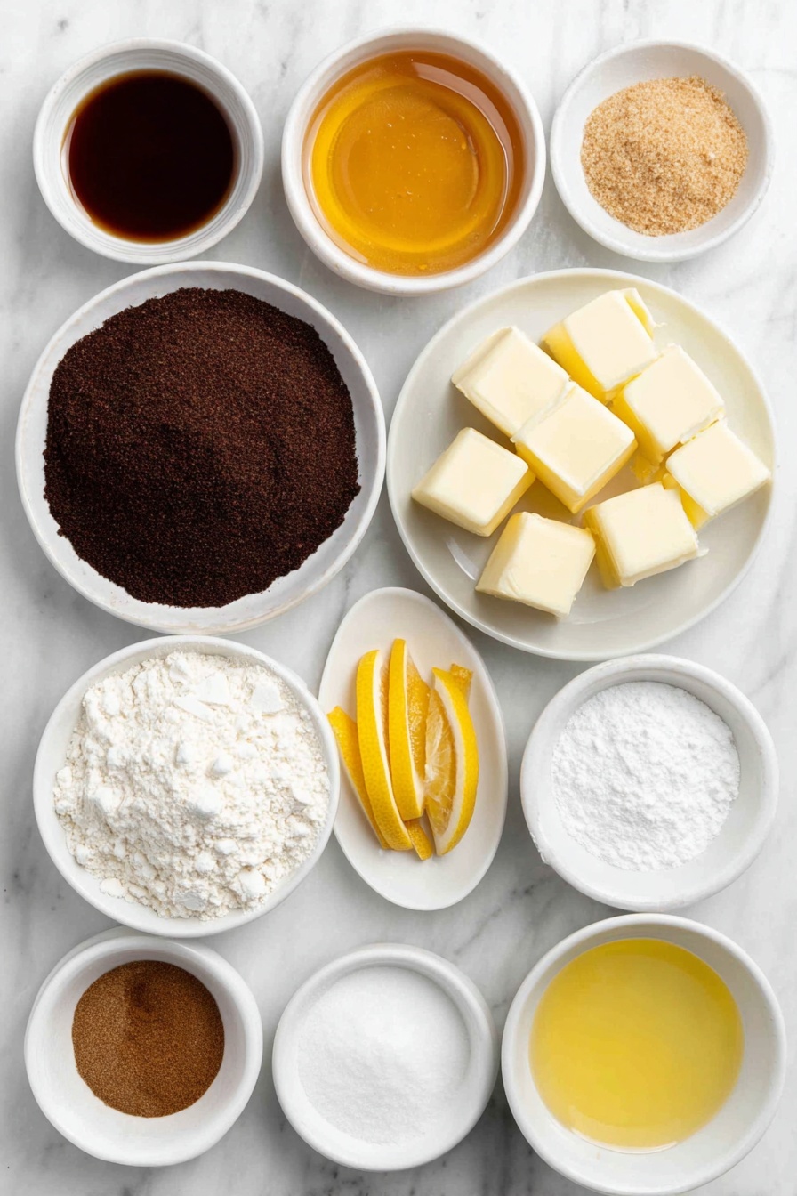 Flat lay of a small white ceramic bowl of golden honey, a mound of dark soft brown muscovado sugar on a white ceramic plate, several cubes of pale unsalted butter on a white dish, a few fresh orange zest strips and bright yellow lemon zest curls arranged neatly side by side, a whole large clean egg with uncracked shell, a small white bowl filled with fine white all-purpose flour, a small white bowl containing golden ground almonds, a tiny white bowl with bright lemon juice, a collection of warm brown ground spices including cinnamon, allspice, ginger, cloves, grated nutmeg, and fine sea salt each in small white ceramic bowls, a small white bowl holding fine white powdered sugar, a few thin orange peel strips laid flat, a small white bowl with clear vegetable oil, and a small white bowl containing amber vanilla extract, all placed on a clean white marble surface, soft natural light, photo taken with an iPhone, professional food photography style, fresh ingredients, white ceramic bowls, no bottles, no duplicates, no utensils, no packaging --ar 2:3 --v 7 --p m7354615311229779997 - Lebkuchen Cookies with Spiced Glaze, German gingerbread cookies, holiday baking recipes, soft spiced cookies, festive holiday treats