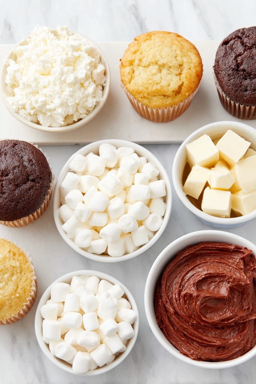 Flat lay of twelve plain cupcakes with golden and chocolate tops, a small white bowl filled with vibrant red frosting, and a scattering of fresh mini marshmallows neatly cut in half, all arranged with clean, natural symmetry on a simple white ceramic plate and bowls, placed on a clean white marble surface, soft natural light, photo taken with an iPhone, professional food photography style, fresh ingredients, white ceramic bowls, no bottles, no duplicates, no utensils, no packaging --ar 2:3 --v 7 --p m7354615311229779997 - Santa Hat Cupcakes, holiday cupcake ideas, festive cupcake decorating, easy Christmas desserts, cute holiday treats