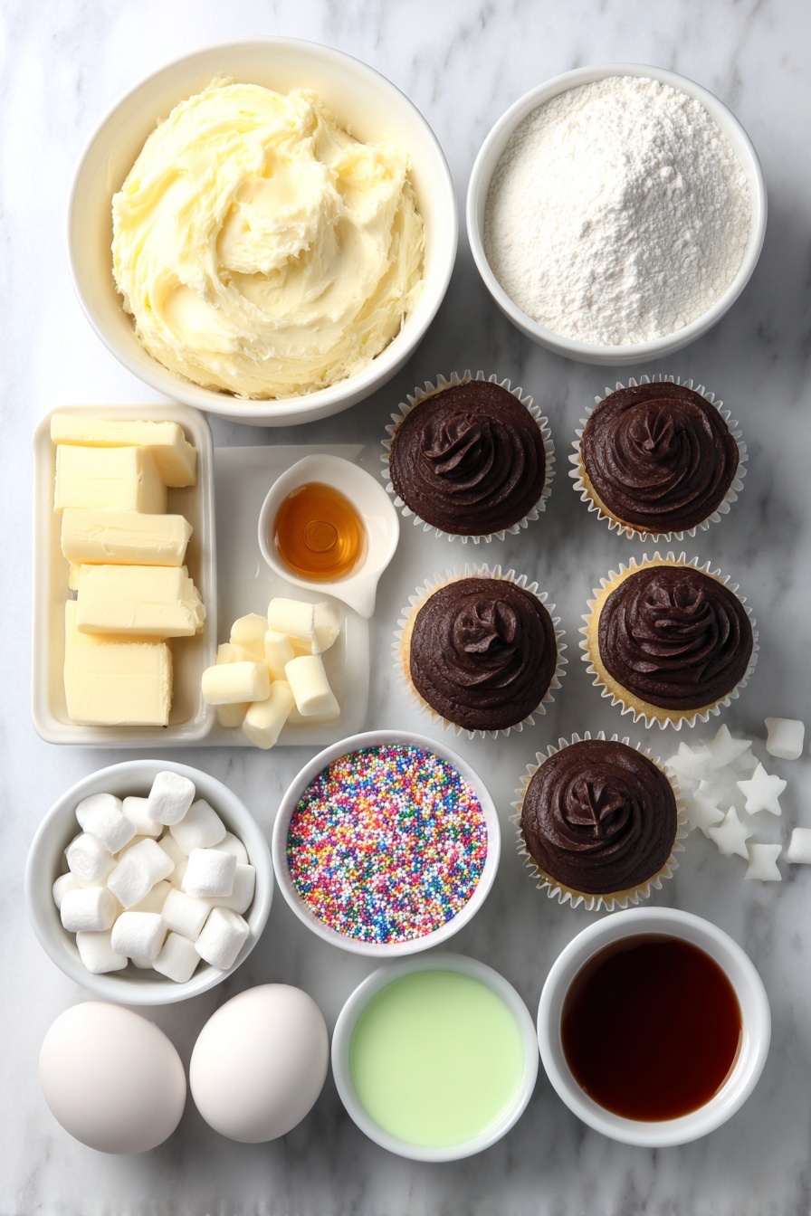 Flat lay of a dozen vanilla cupcakes and chocolate cupcakes with golden brown tops, a large white ceramic bowl filled with creamy pale yellow unsalted butter, a medium white ceramic bowl heaped with fine white powdered sugar, a small white ceramic bowl containing clear heavy cream, a small white ceramic bowl holding amber vanilla extract, a small white ceramic bowl filled with fine white salt crystals, a small white ceramic bowl with vibrant green gel icing, a small white ceramic bowl with deep red gel icing, a small white ceramic bowl with rich brown gel icing, a handful of white marshmallows, smooth milk chocolate chunks for melting, colorful star sprinkles, large white round nonpareil sprinkles, colorful small round nonpareil sprinkles, round red sprinkles, black and orange food pens (visualized as simple black and orange marker tips with no packaging), and whole clean brown eggs placed symmetrically, all arranged with perfect balance and symmetry on a clean white marble surface, soft natural light, photo taken with an iPhone, professional food photography style, fresh ingredients, white ceramic bowls, no bottles, no duplicates, no utensils, no packaging --ar 2:3 --v 7 --p m7354615311229779997 - Christmas Cupcake Decorations, festive cupcake decorating ideas, holiday cupcake toppers, Christmas baking decorations, easy Christmas cupcake decor