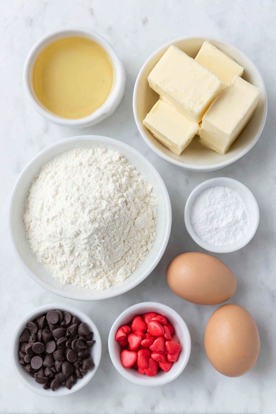 Flat lay of a small pile of white cake mix powder in a simple white ceramic bowl, a small white bowl filled with melted golden butter, two large whole brown eggs with clean shells, a small white bowl of clear vanilla extract, a small white bowl containing vibrant green gel food coloring, a small white bowl holding fine white powdered sugar, a handful of shiny red heart-shaped candies scattered beside a small white bowl of glossy semi-sweet chocolate chips, and a small white bowl with clear coconut oil, all arranged symmetrically and naturally on a clean white marble surface, soft natural light, photo taken with an iPhone, professional food photography style, fresh ingredients, white ceramic bowls, no bottles, no duplicates, no utensils, no packaging --ar 2:3 --v 7 --p m7354615311229779997 - Grinch Crinkle Cookies, Christmas Cookie Recipes, festive holiday treats, green crinkle cookies, easy holiday baking