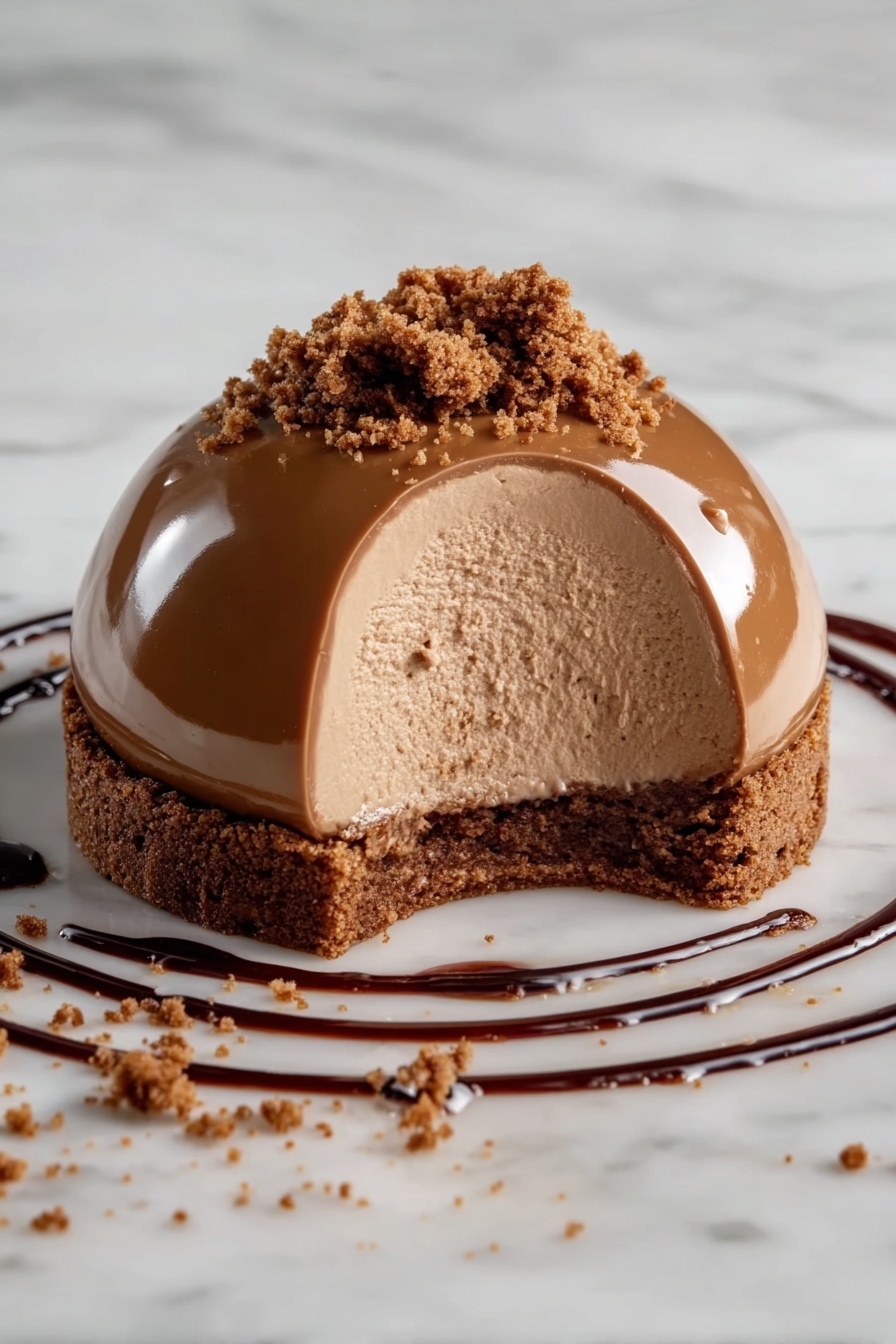 The image shows a dome-shaped dessert with three visible layers, placed on a white marbled surface. The bottom layer is a dark brown, crumbly cookie base. The middle layer is a smooth, lighter brown mousse that fills most of the dome. The top layer is a shiny and slightly darker brown glaze covering the mousse. Around the dome, there is a ring of dark chocolate sauce with crumbs scattered on and near it. Photo taken with an iphone --ar 2:3 --v 7 - Gingerbread Latte Mousse Domes, festive mousse dessert, holiday mousse recipe, elegant mousse dome, gingerbread latte flavor