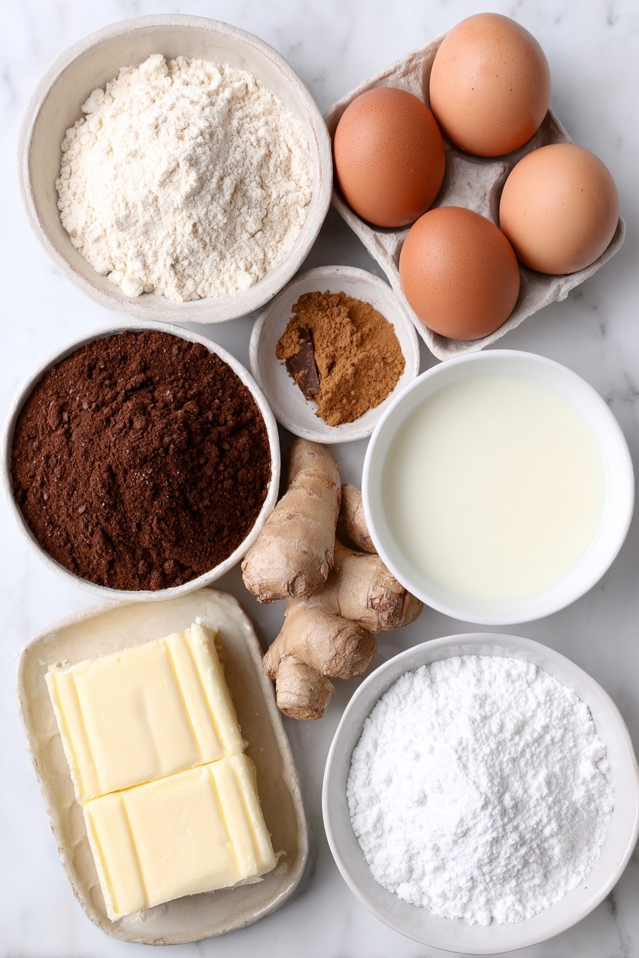 Flat lay of a small mound of all-purpose flour, a neat pile of dark brown sugar, a few warm brown ground ginger roots, a cinnamon stick and a small pile of ground cinnamon powder, a tiny heap of ground cloves, a pinch of salt crystals, whole uncracked brown eggs, a slab of unsalted butter, a small white ceramic bowl filled with glossy molasses, a small white bowl with fresh milk, a bowl of sifted powdered sugar, and a small white bowl of clear vanilla extract placed on a clean white marble surface, soft natural light, photo taken with an iPhone, professional food photography style, fresh ingredients, white ceramic bowls, no bottles, no duplicates, no utensils, no packaging --ar 2:3 --v 7 --p m7354615311229779997 - Festive Gingerbread Man Cookies, gingerbread cookie recipe, holiday baking cookies, Christmas gingerbread treats, easy gingerbread cookies