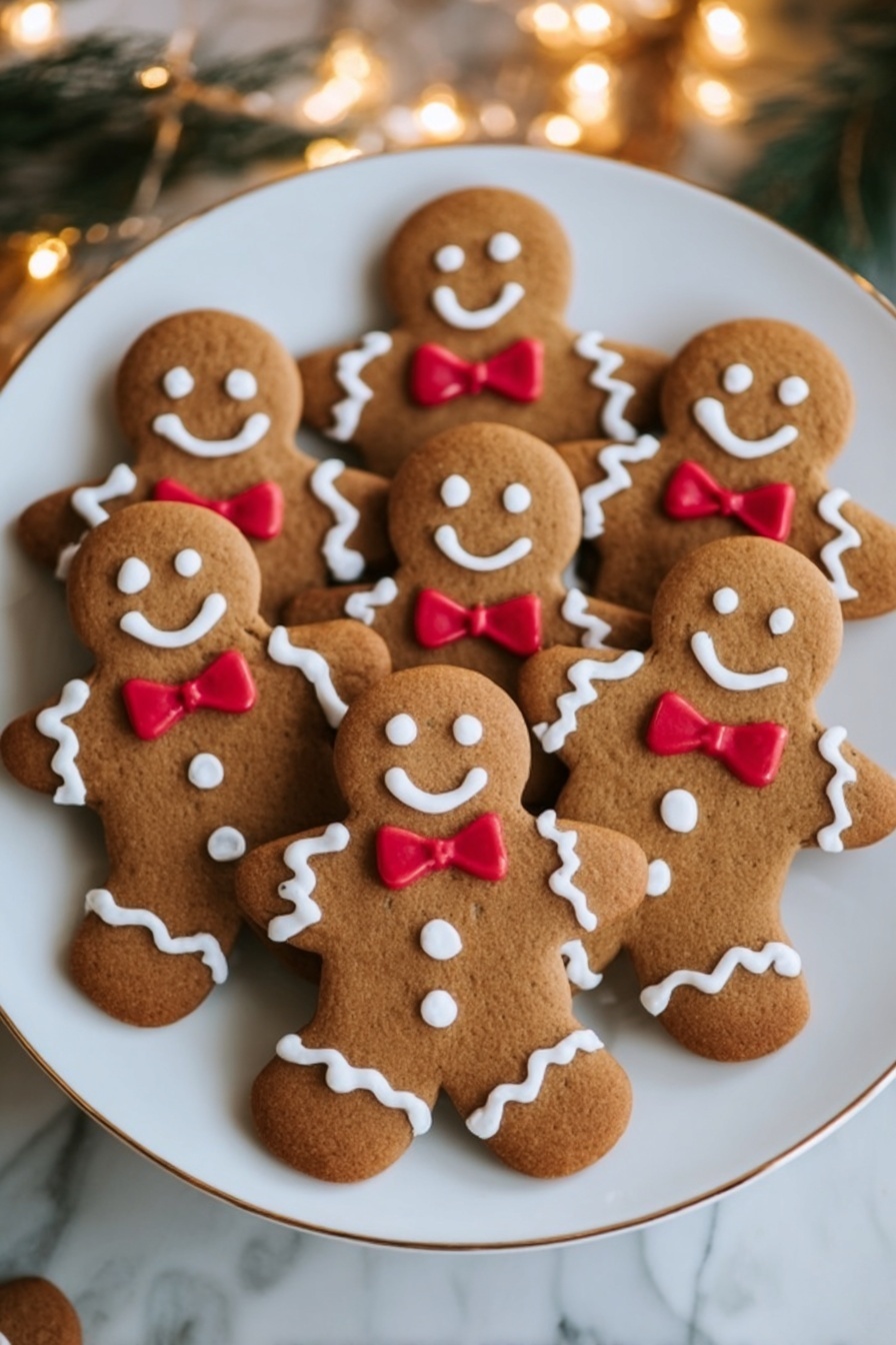 A white plate filled with several gingerbread cookies shaped like smiling people, each decorated with white icing outlining their heads, arms, and legs. They have three white buttons down the front and red bow ties made of icing. The cookies have a light brown color and smooth texture with clear details on the icing that looks slightly raised. The plate rests on a white marbled surface with soft golden lights blurred in the background, creating a warm and festive feeling. photo taken with an iphone --ar 2:3 --v 7 - Festive Gingerbread Man Cookies, gingerbread cookie recipe, holiday baking cookies, Christmas gingerbread treats, easy gingerbread cookies