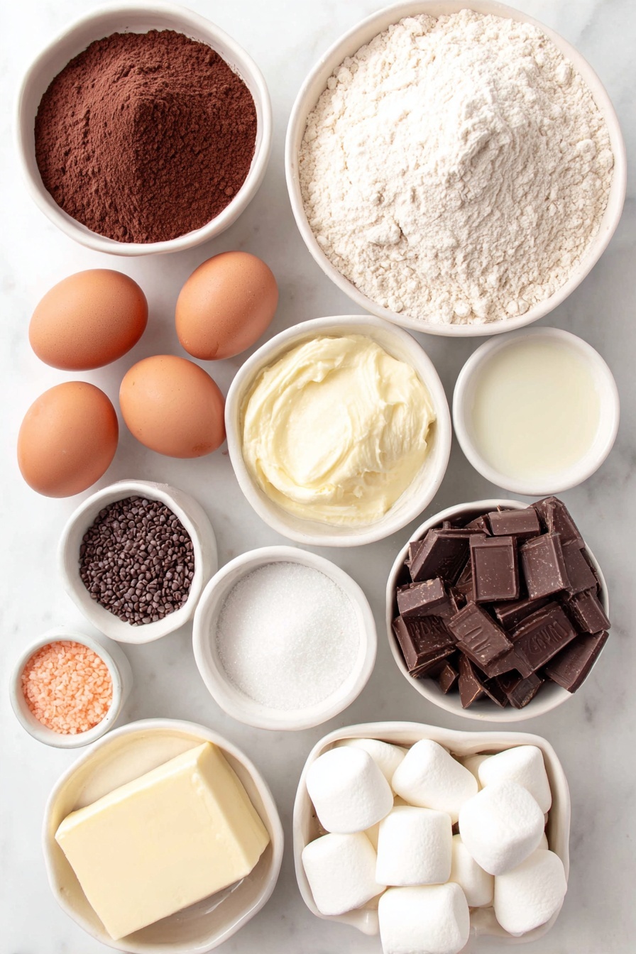 Flat lay of a small mound of all-purpose flour, a small heap of natural cocoa powder, a teaspoon of fine salt in a tiny white bowl, a half cup of unsalted butter in a small white bowl, two whole brown eggs with clean shells, a small white bowl of granulated sugar, a small white bowl of packed light brown sugar, a small white bowl of whole milk, a small white bowl of pure vanilla extract, a small white bowl of sifted powdered sugar, a small white bowl of heavy cream, twelve large white marshmallows, a small white bowl with dark chocolate sprinkles, twelve small orange candy-coated chocolates, twenty-four mini pretzel sticks halved, and thirty-six regular chocolate chips, all arranged symmetrically and balanced, placed on a clean white marble surface, soft natural light, photo taken with an iPhone, professional food photography style, fresh ingredients, white ceramic bowls, no bottles, no duplicates, no utensils, no packaging --ar 2:3 --v 7 --p m7354615311229779997 - Snowman Cupcake Muffins, winter cupcake decorations, adorable holiday muffins, chocolate muffin recipes, festive winter desserts