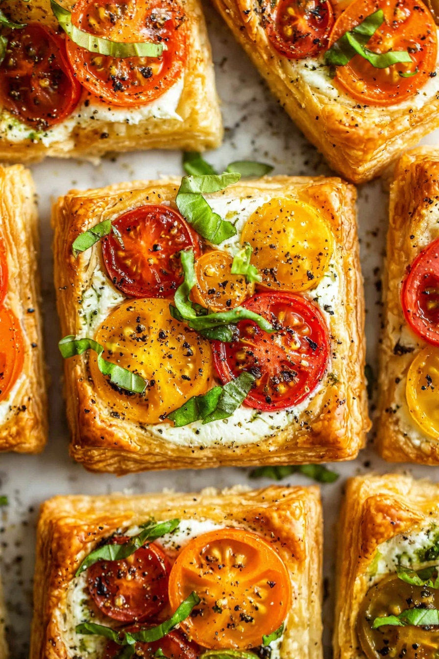 The image shows several square puff pastry tarts arranged close together on a white marbled surface. Each tart has a golden-brown, flaky crust with raised edges creating a border. Inside the border is a creamy white cheese layer that looks soft and smooth. On top, there are halved cherry tomatoes in red, orange, and yellow colors, slightly roasted with a light char, placed evenly. Thin strips of fresh green basil are scattered over the tomatoes, adding a fresh touch. The tarts are sprinkled with black pepper, adding small dark specks contrast to the bright colors. The lighting highlights the shiny, crisp texture of the puff pastry and the vibrant colors of the tomatoes. photo taken with an iphone --ar 2:3 --v 7 - Tomato Ricotta Puff Pastry Tartlets, easy appetizer recipes, savory puff pastry snacks, roasted tomato tartlets, crowd-pleasing finger foods