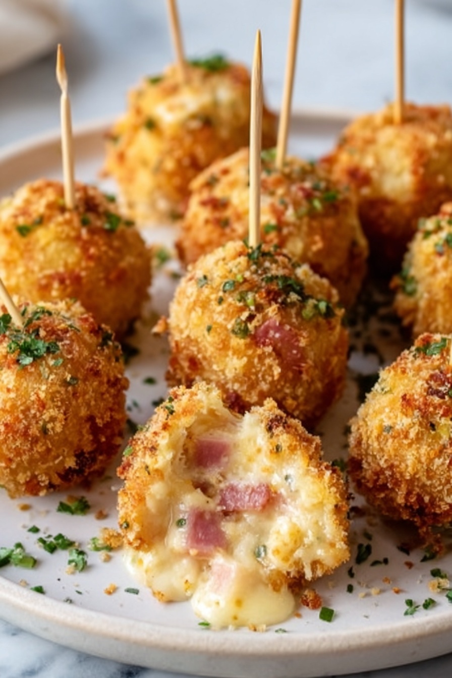 The image shows a white plate on a white marbled surface filled with golden brown crispy balls. Each ball is coated in crunchy breadcrumbs, and one ball in the front is cut open to show a creamy inside with small pieces of pink ham and melted cheese. Toothpicks stick out from the top of each ball, making them easy to pick up. Some green herbs are sprinkled around the plate for decoration. photo taken with an iphone --ar 2:3 --v 7 - Cheese-Stuffed Chicken Cordon Bleu Bites, Chicken Cordon Bleu appetizer, cheesy chicken bites, chicken finger food recipes, party appetizer ideas