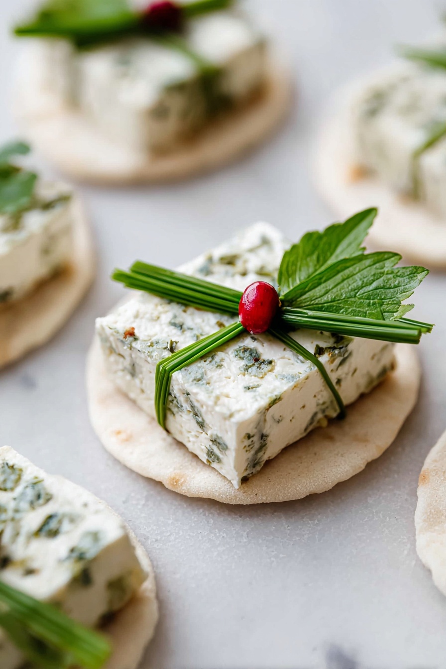 The image shows small round white flatbreads as the base, each topped with a square piece of white cheese speckled with herbs. On top of the cheese, there is a green decoration made of two chive stalks crossed like a ribbon, holding a small green leaf and a single small red berry in the center, making it look like a tiny wrapped gift. The flatbreads and cheese have soft, smooth textures, while the herbs and leaves add fresh green details. These bites are arranged on a white marbled surface in a close-up shot. photo taken with an iphone --ar 2:3 --v 7 - Festive Goat Cheese Christmas Appetizers, holiday appetizer ideas, easy holiday party recipes, Christmas party hors d'oeuvres, festive cheese canapés