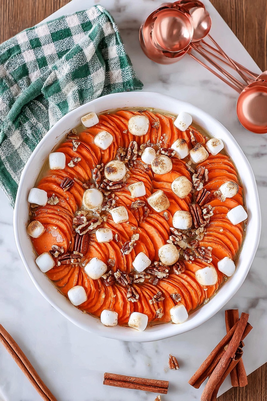 Sweet Potato Casserole with Pecans and Marshmallows Recipe - Serving