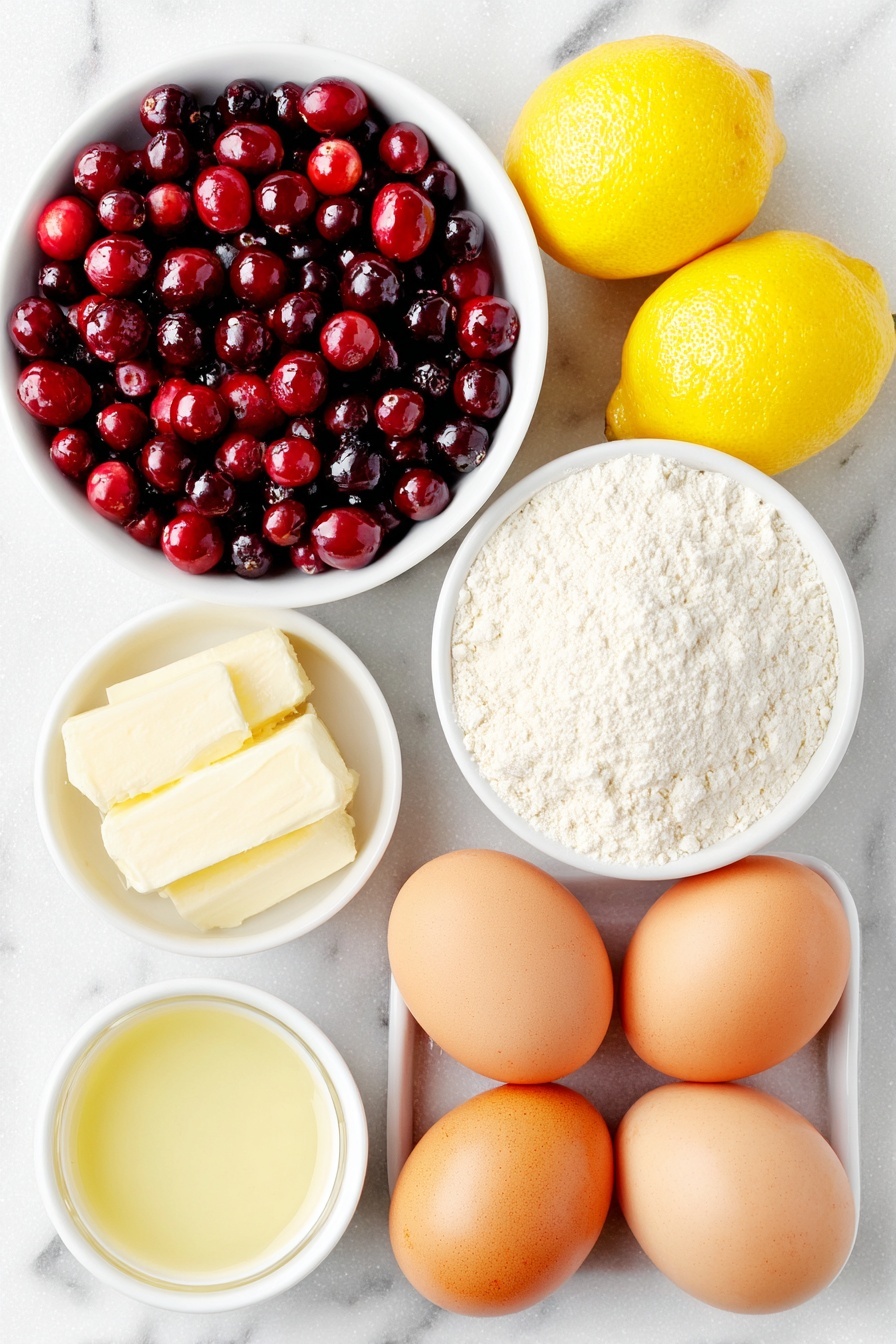 Flat lay of fresh bright red cranberries scattered loosely, a few whole vibrant yellow lemons with smooth skin, three large brown eggs with clean uncracked shells, a small white ceramic bowl filled with fine granulated sugar, a small white ceramic bowl holding pale all-purpose flour, a small white ceramic bowl containing golden melted butter, a small white ceramic bowl with clear fresh lemon juice, and a small white ceramic bowl of pure water, each ingredient arranged with perfect symmetry and balanced proportions, placed on a clean white marble surface, soft natural light, photo taken with an iPhone, professional food photography style, fresh ingredients, white ceramic bowls, no bottles, no duplicates, no utensils, no packaging --ar 2:3 --v 7 --p m7354615311229779997 - Cranberry Lemon Bars, tart cranberry lemon dessert, easy citrus bars, holiday lemon bars, fruit-filled bar cookies