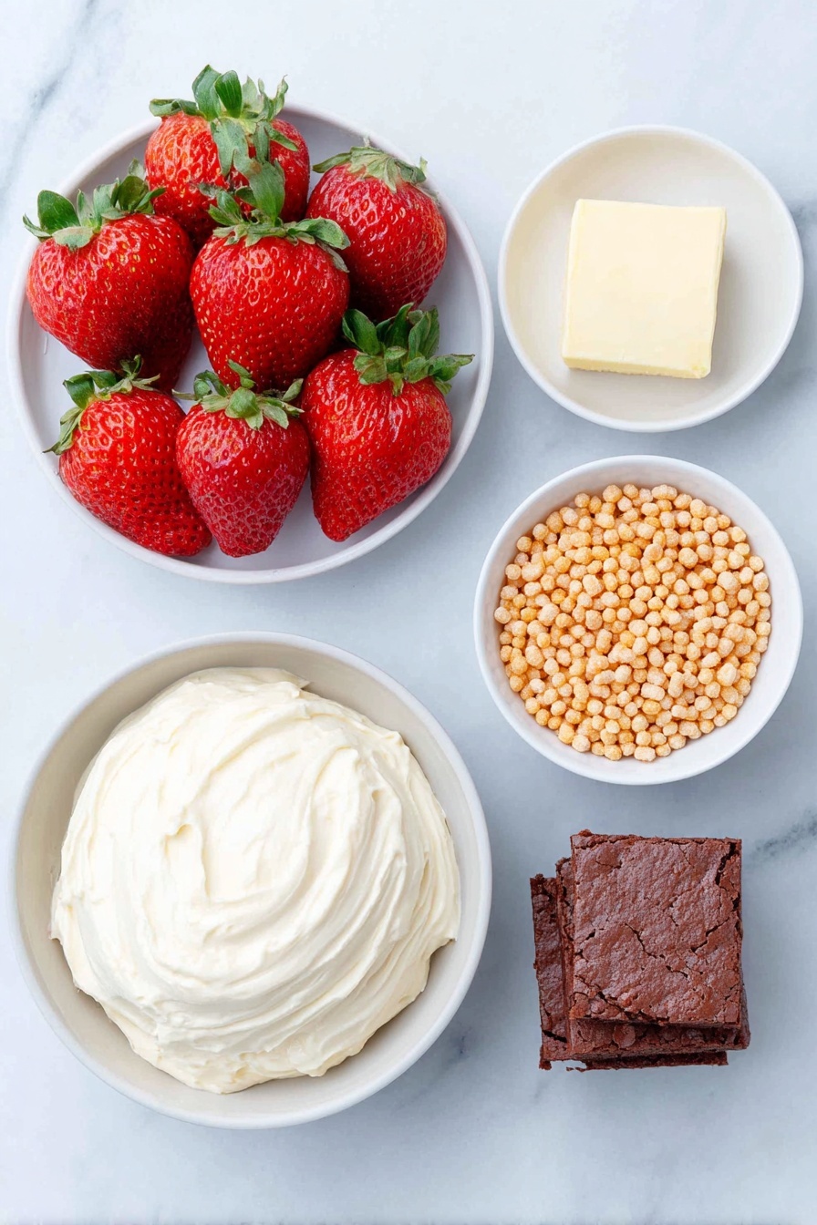 Flat lay of a neat arrangement featuring a stack of small, square chocolate brownie bites with rich texture, a mound of thick, creamy white cream cheese frosting in a simple white ceramic bowl, a cluster of bright red, fresh whole strawberries with their green leafy tops freshly removed, and a small white bowl filled with round, golden Reese’s Puffs cereal pieces, all placed on a clean white marble surface, soft natural light, photo taken with an iPhone, professional food photography style, fresh ingredients, white ceramic bowls, no bottles, no duplicates, no utensils, no packaging --ar 2:3 --v 7 --p m7354615311229779997 - Cute Brownie Bite Gnome Treats, easy gnome brownie treats, fun kids' holiday desserts, whimsical brownie gnome ideas, adorable party dessert recipes