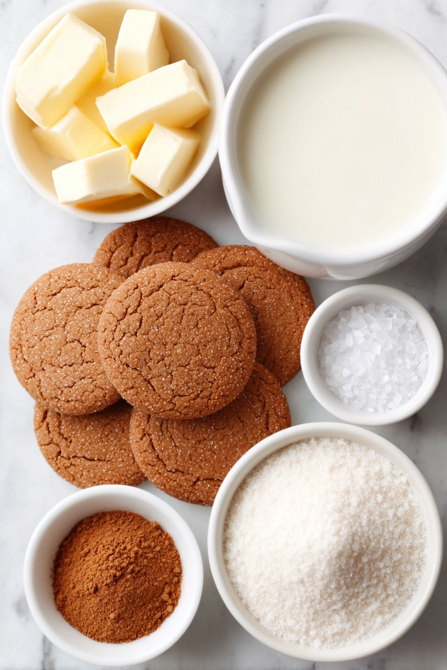 Flat lay of whole gingersnap cookies arranged in a small cluster, a small white ceramic bowl of whole milk, a few small cubes of unsalted butter stacked neatly, a small white bowl holding smooth vanilla extract, a small white bowl with warm ground cinnamon powder, a small white bowl filled with fine powdered sugar, and a small white bowl containing fine sea salt crystals, all placed with perfect symmetry on a clean white marble surface, soft natural light, photo taken with an iPhone, professional food photography style, fresh ingredients, white ceramic bowls, no bottles, no duplicates, no utensils, no packaging --ar 2:3 --v 7 --p m7354615311229779997 - Homemade Cookie Butter Spread, cookie butter spread recipe, easy cookie butter recipe, homemade spread with cookies, quick cookie butter recipe