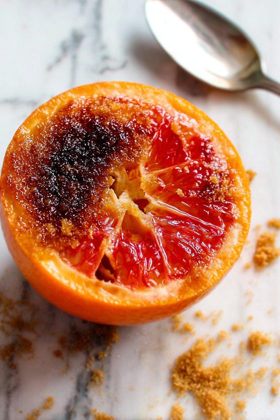 A single halved orange fruit sits on a white marbled surface, with the top layer showing a dark caramelized sugar crust that is unevenly burnt in some spots, creating a mix of shiny amber and deep brown texture. Beneath this top layer, the bright orange flesh of the fruit is glossy and juicy, slightly recessed where a section has been removed to reveal the inner segments that are a vibrant reddish-orange color. Small scattered crumbs of brown sugar lie around the fruit, along with part of a silver spoon in the top right corner. photo taken with an iphone --ar 2:3 --v 7 - Caramelized Brown Sugar Grapefruit, Grapefruit dessert, citrus fruit recipes, easy brunch recipes, caramelized grapefruit topping