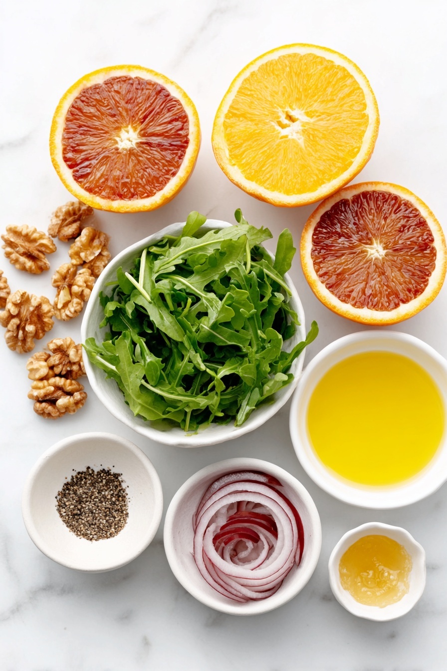 Flat lay of five whole fresh citrus fruits including blood oranges, navel oranges, and grapefruit, a small bunch of vibrant green arugula leaves, thinly sliced rings of red onion arranged neatly, a small white ceramic bowl filled with bright yellow lemon juice, a small white ceramic bowl holding golden extra virgin olive oil, a small white ceramic bowl with smooth pale Dijon mustard, a small white ceramic bowl containing clear amber honey, a small white ceramic bowl with coarse sea salt crystals, a small white ceramic bowl with freshly ground black pepper, and a handful of whole walnuts scattered artfully, all placed on a clean white marble surface, soft natural light, photo taken with an iPhone, professional food photography style, fresh ingredients, white ceramic bowls, no bottles, no duplicates, no utensils, no packaging --ar 2:3 --v 7 --p m7354615311229779997 - Citrus Salad with Walnuts and Arugula, citrus salad recipes, healthy citrus salad, easy citrus salad with nuts, flavorful green salad