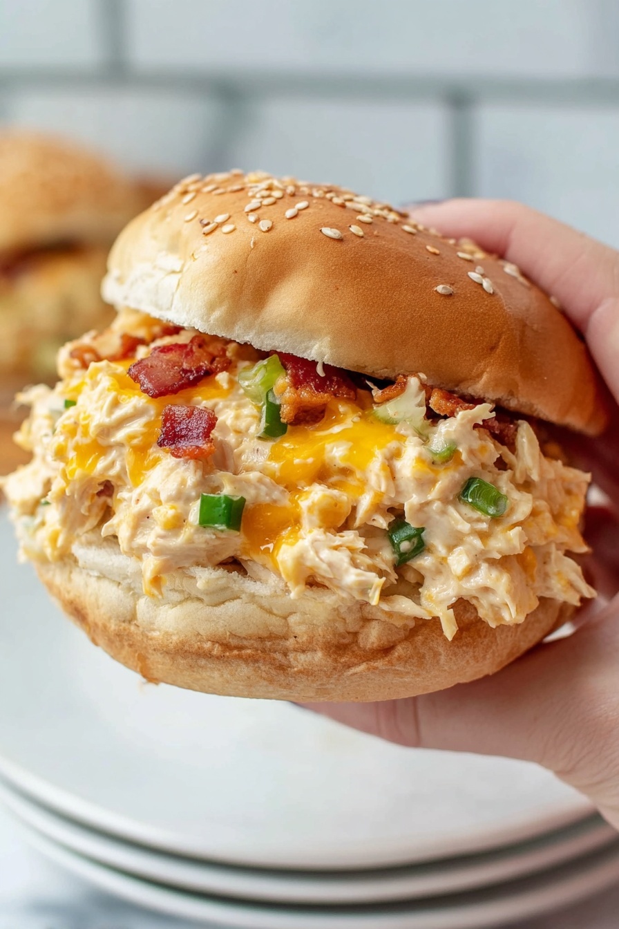 A sandwich with three clear layers sits on a white plate on a white marbled surface. The bottom layer is a soft, light brown sandwich bun. Above it is a thick layer of shredded white meat mixed with melted orange cheese and small chunks of crispy bacon, giving a textured mix of creamy and crunchy. The top layer is the bun's top half, light brown with sesame seeds scattered on it. The whole sandwich looks soft, juicy, and rich in flavor. Photo taken with an iphone --ar 2:3 --v 7 - Creamy Crockpot Crack Chicken, crockpot chicken recipe, cheesy crack chicken, easy slow cooker chicken, bacon chicken dinner