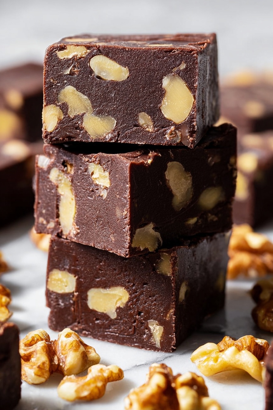 The image shows a stack of six thick, dark brown chocolate fudge squares with visible chunks of light beige walnuts inside. One square on top has a bite taken out, showing a smooth and dense texture inside with walnut pieces. The fudge pieces are arranged on a crumpled white paper over a white marbled surface. Around the fudge, there are some loose walnut halves scattered, and a blurred plate with more walnuts is in the background. A few flakes of white salt are sprinkled on the fudge top. Photo taken with an iphone --ar 2:3 --v 7 - Easy Chocolate Fudge, chocolate fudge recipe, homemade chocolate fudge, simple fudge idea, quick chocolate dessert